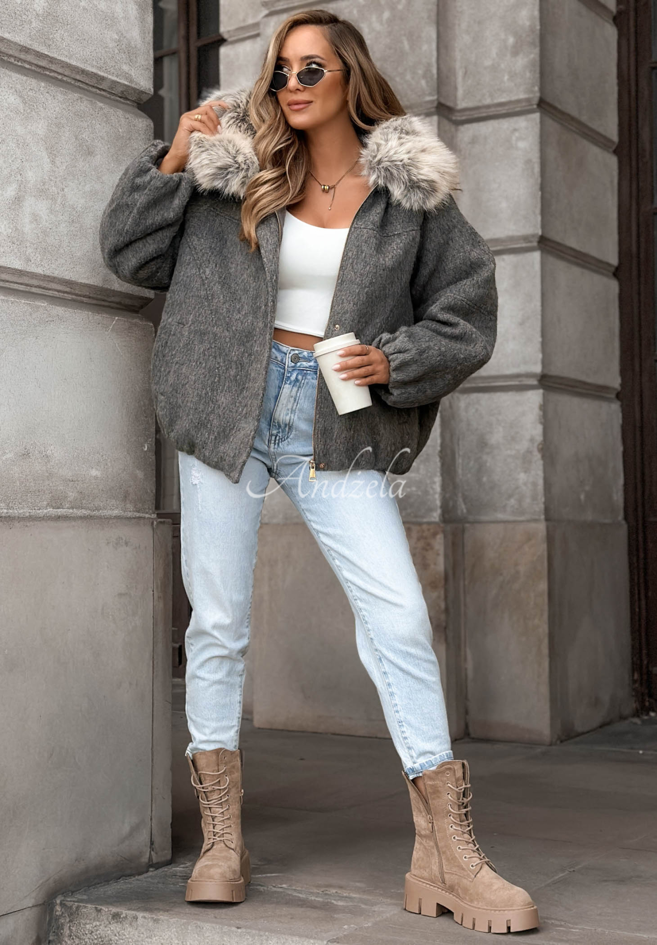 Cozy Story Short Bomber Jacket with Wool and Fur, Gray
