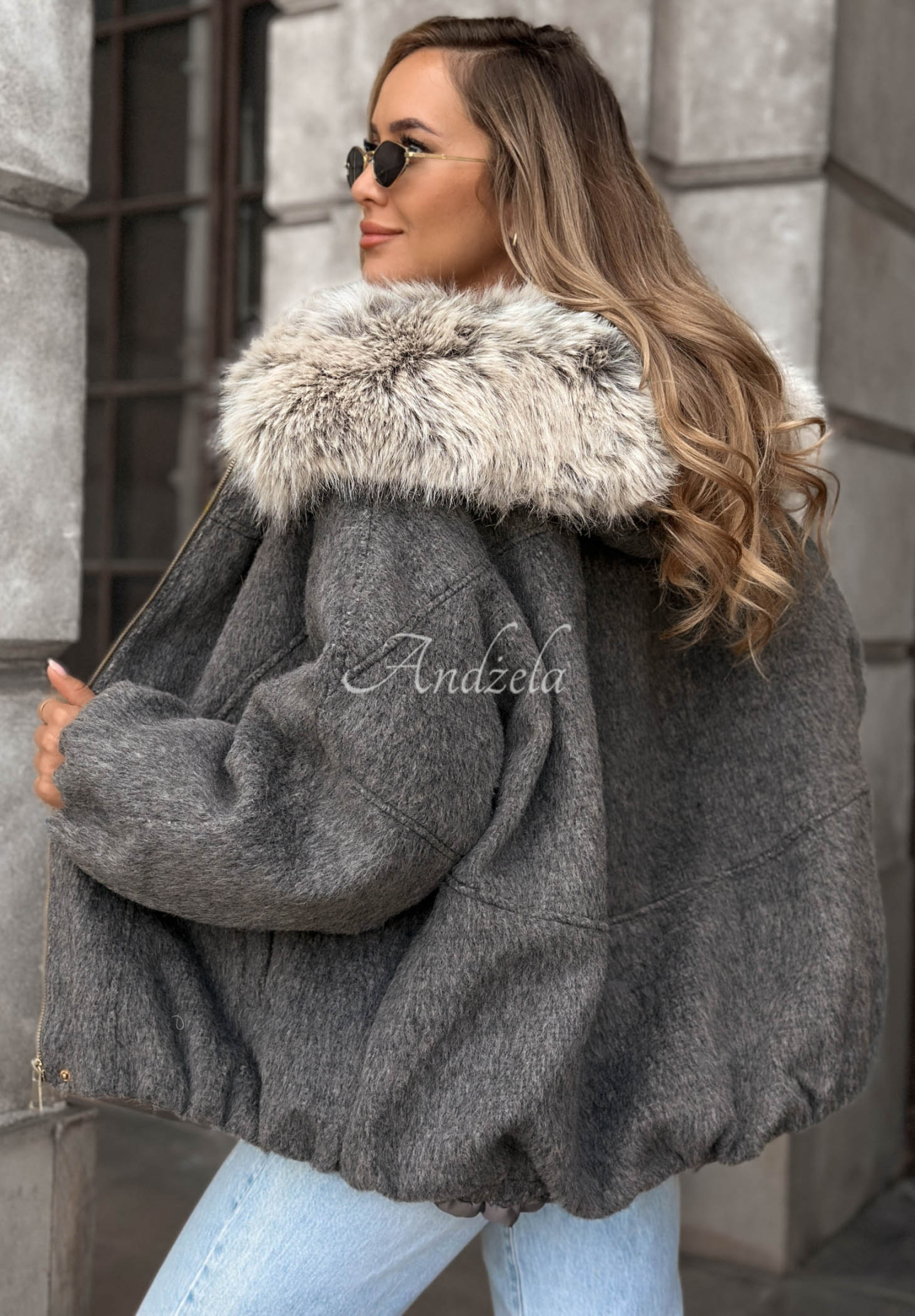 Cozy Story Short Bomber Jacket with Wool and Fur, Gray