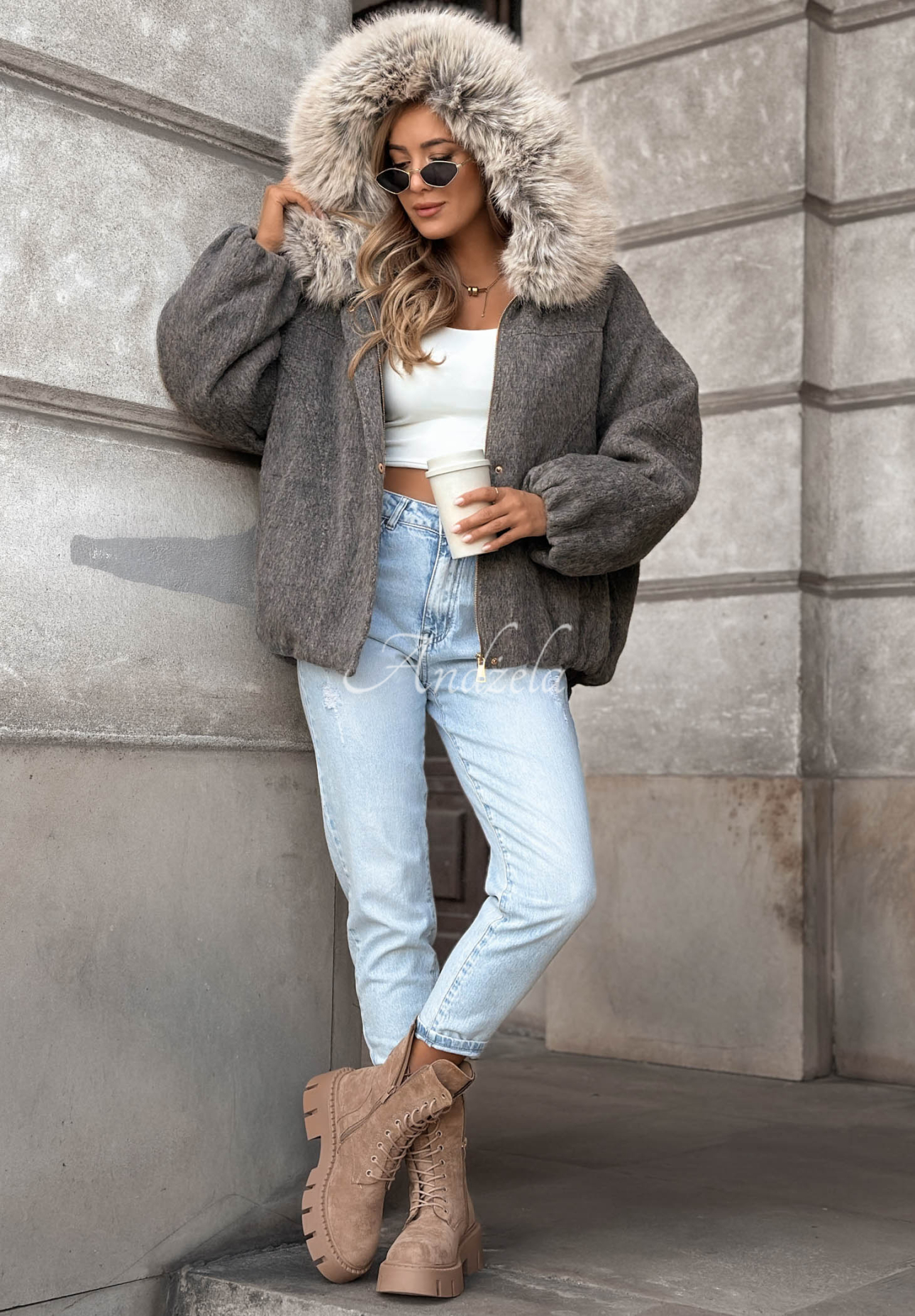 Cozy Story Short Bomber Jacket with Wool and Fur, Gray