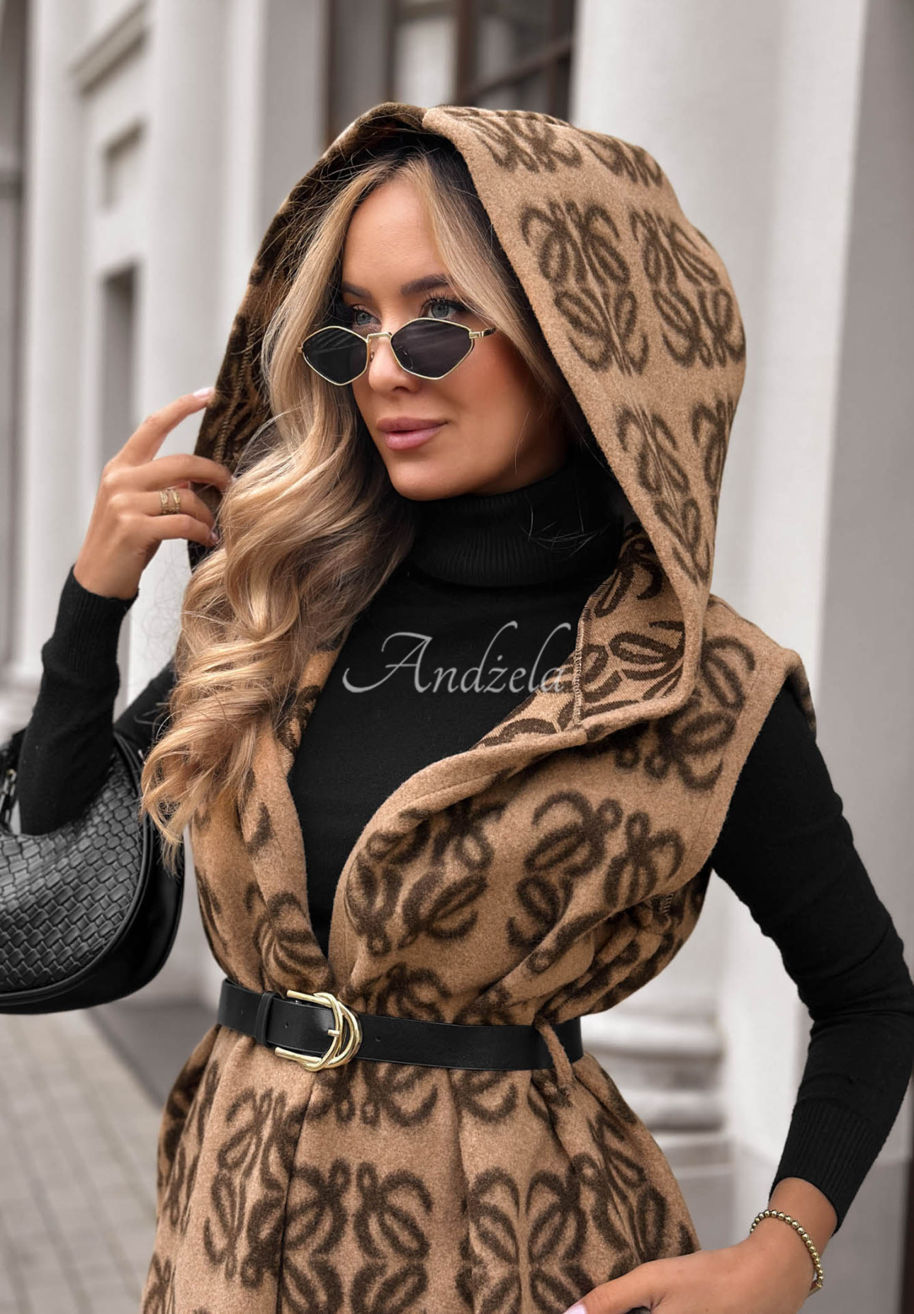 Rain Check Long Patterned Vest with Fringes in Camel
