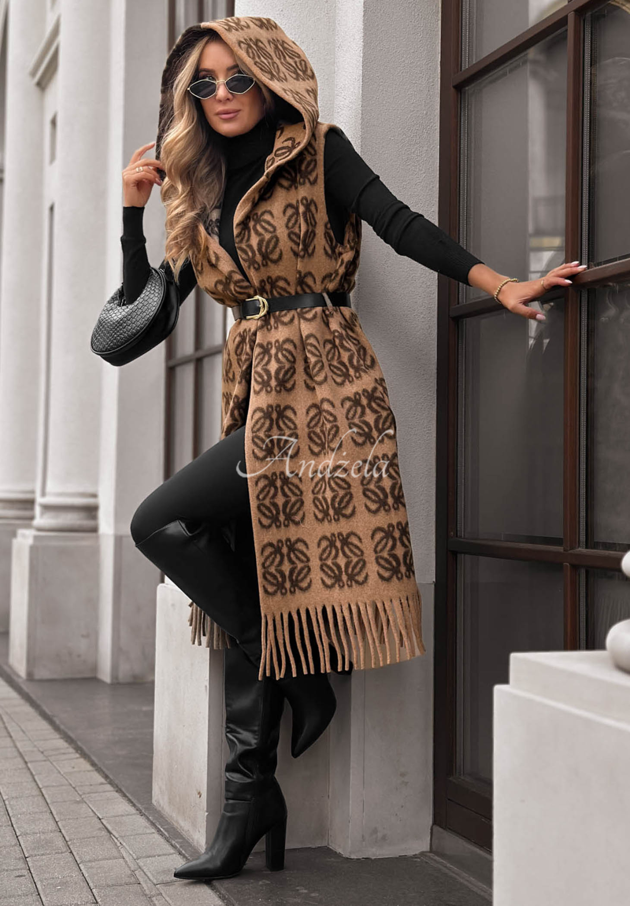 Rain Check Long Patterned Vest with Fringes in Camel
