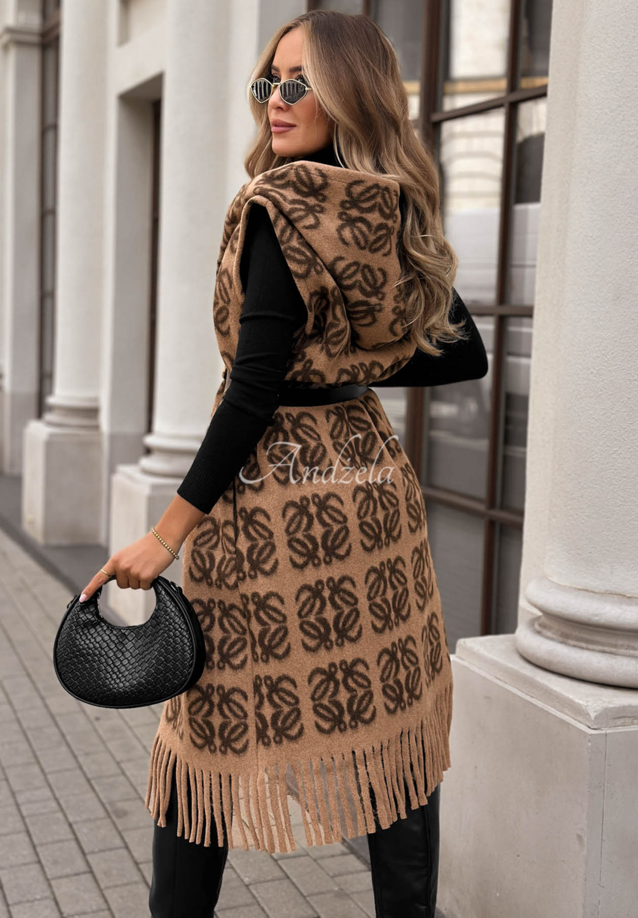 Rain Check Long Patterned Vest with Fringes in Camel