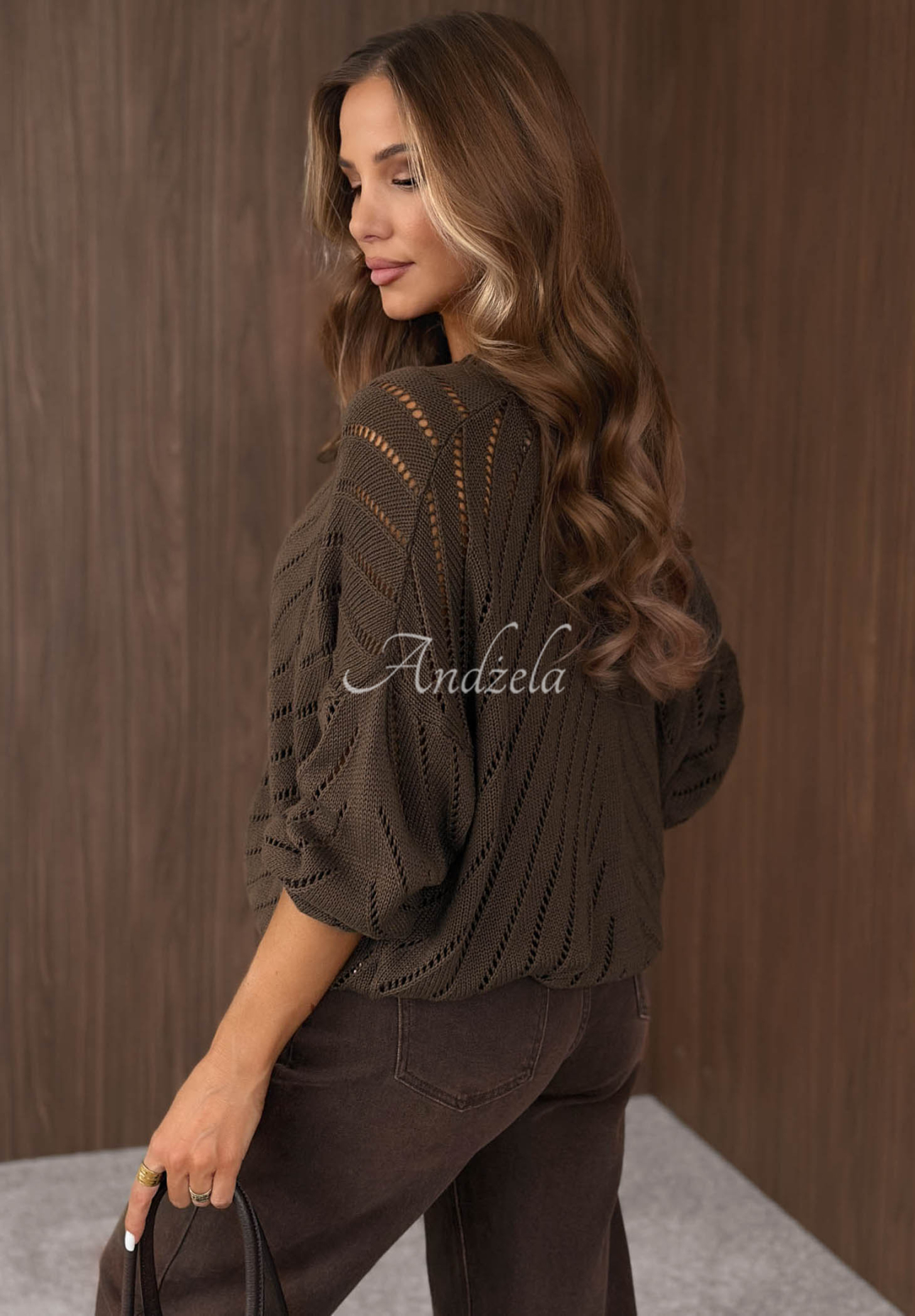 Short, openwork cardigan made of Cozy Touch cotton in chocolate brown