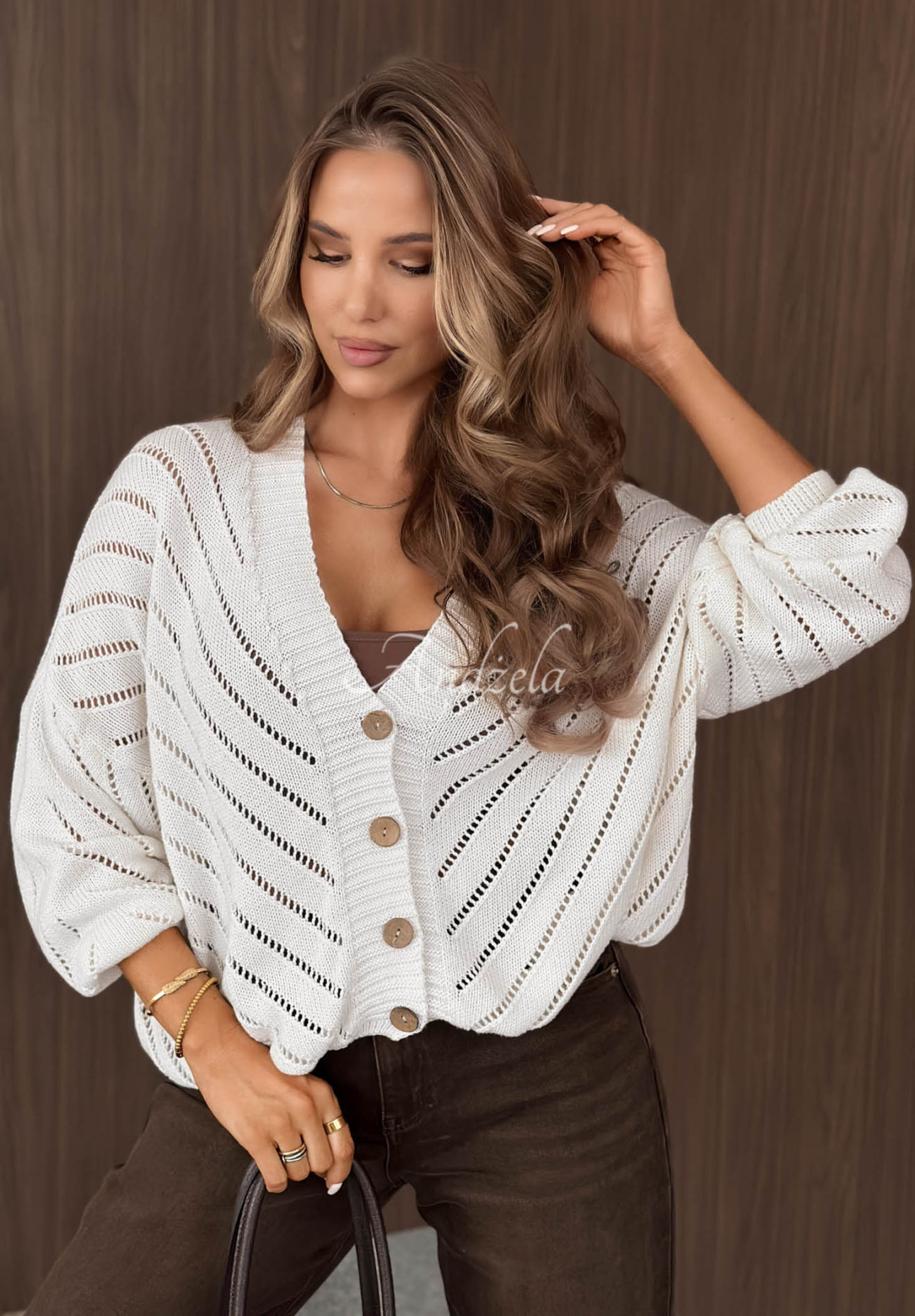 Short openwork cardigan made of ecru Cozy Touch cotton
