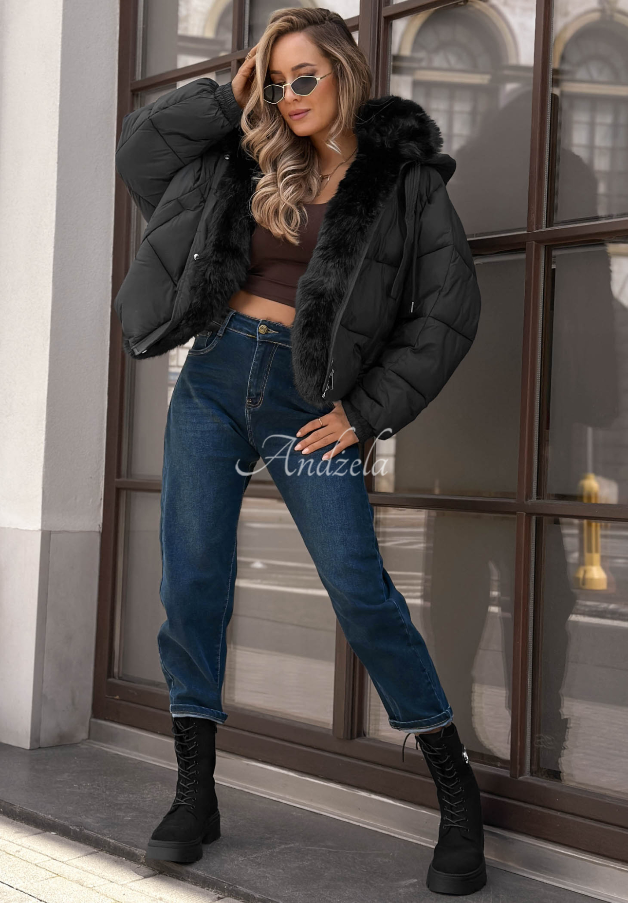 Frosty Darling Short Quilted Jacket with Fur Trim, Black