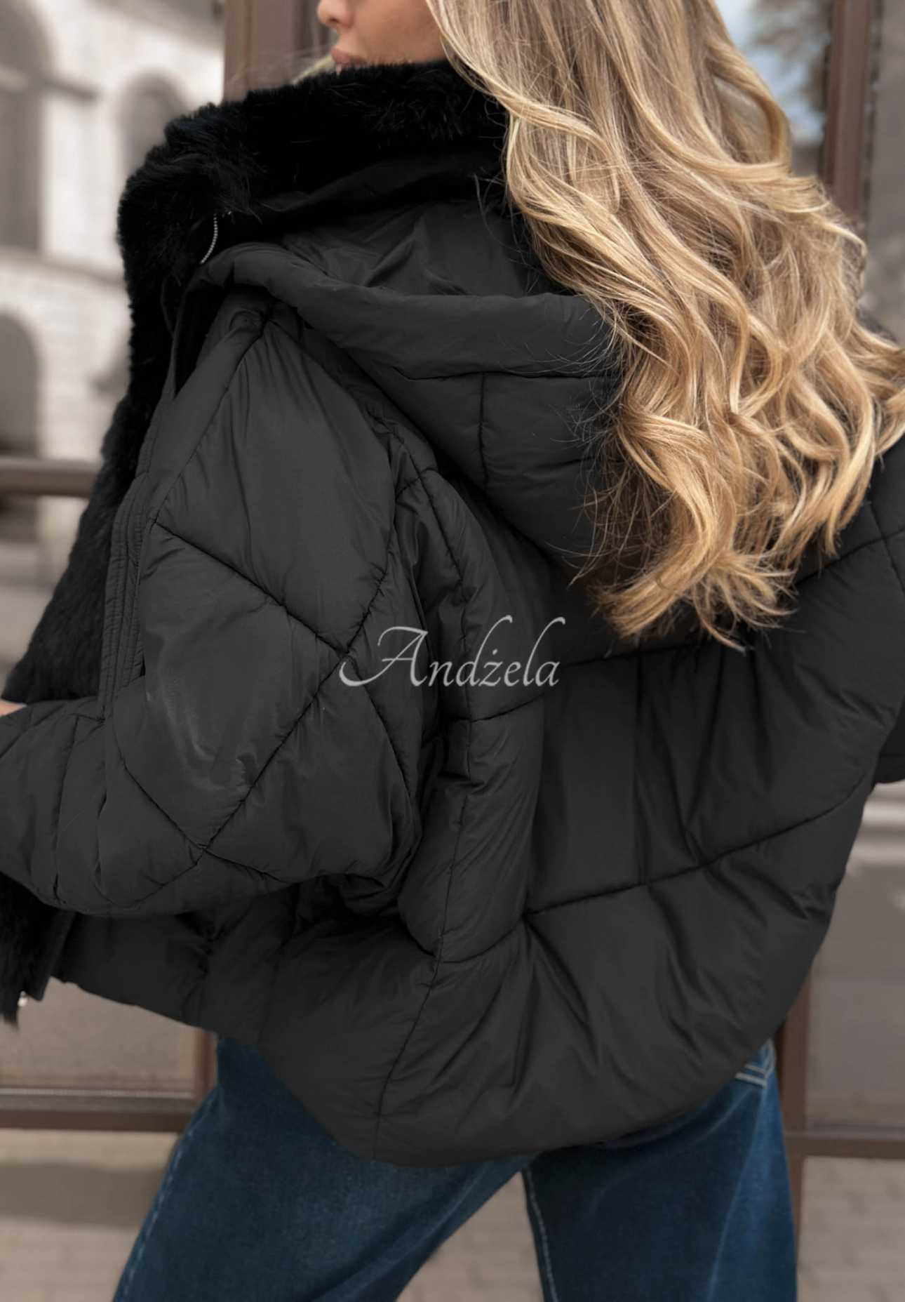 Frosty Darling Short Quilted Jacket with Fur Trim, Black