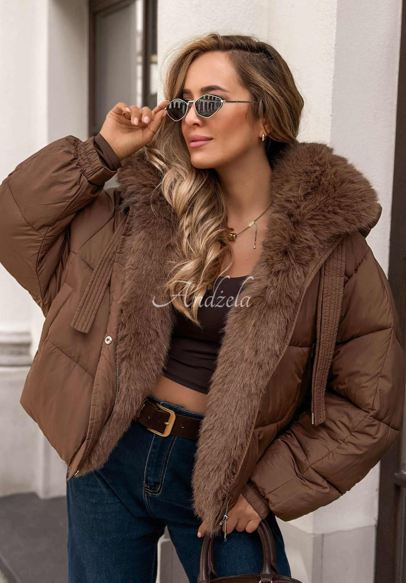 Frosty Darling Short Quilted Jacket with Fur Trim in Chocolate Brown