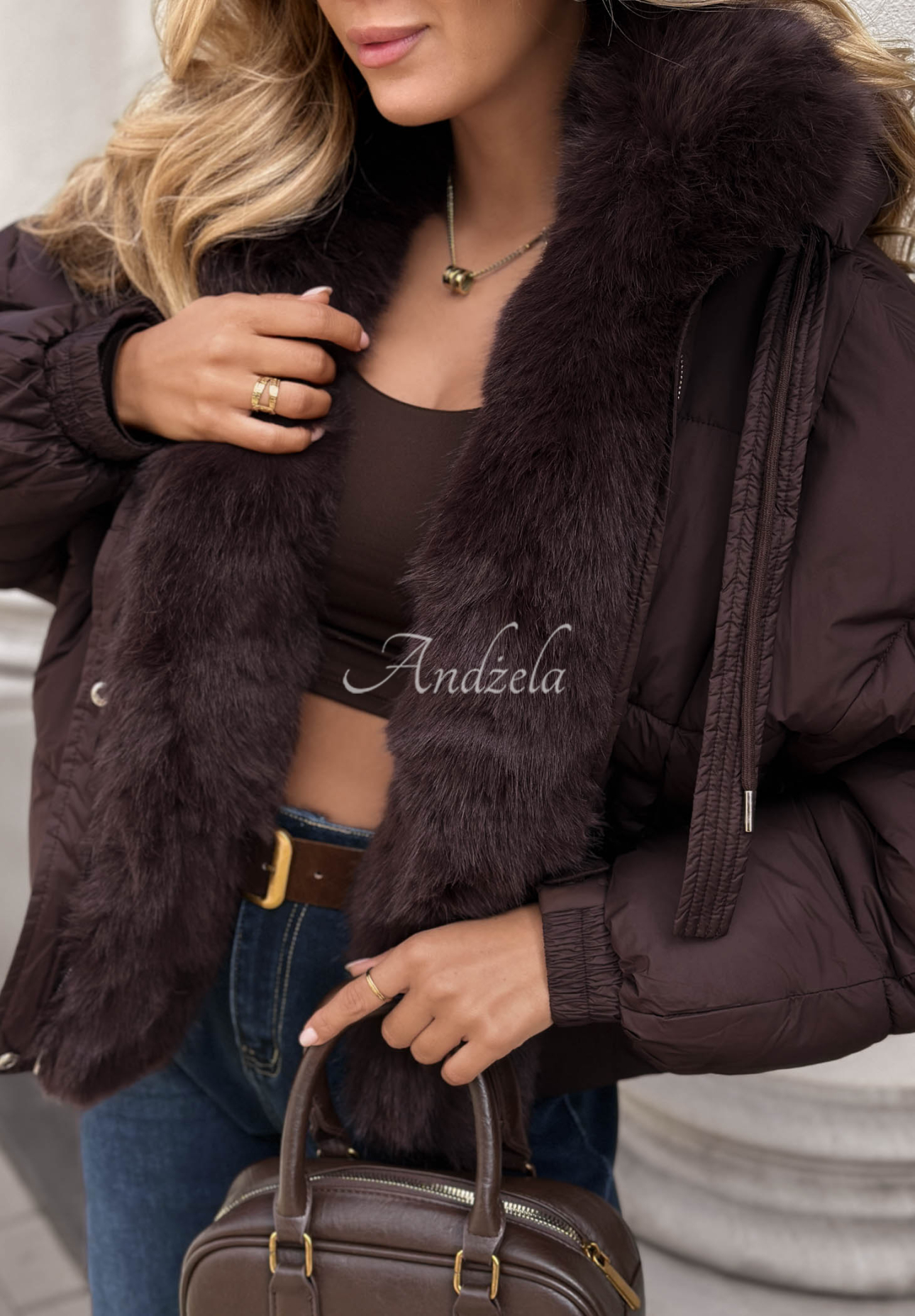 Frosty Darling Short Quilted Jacket with Fur Trim in Plum