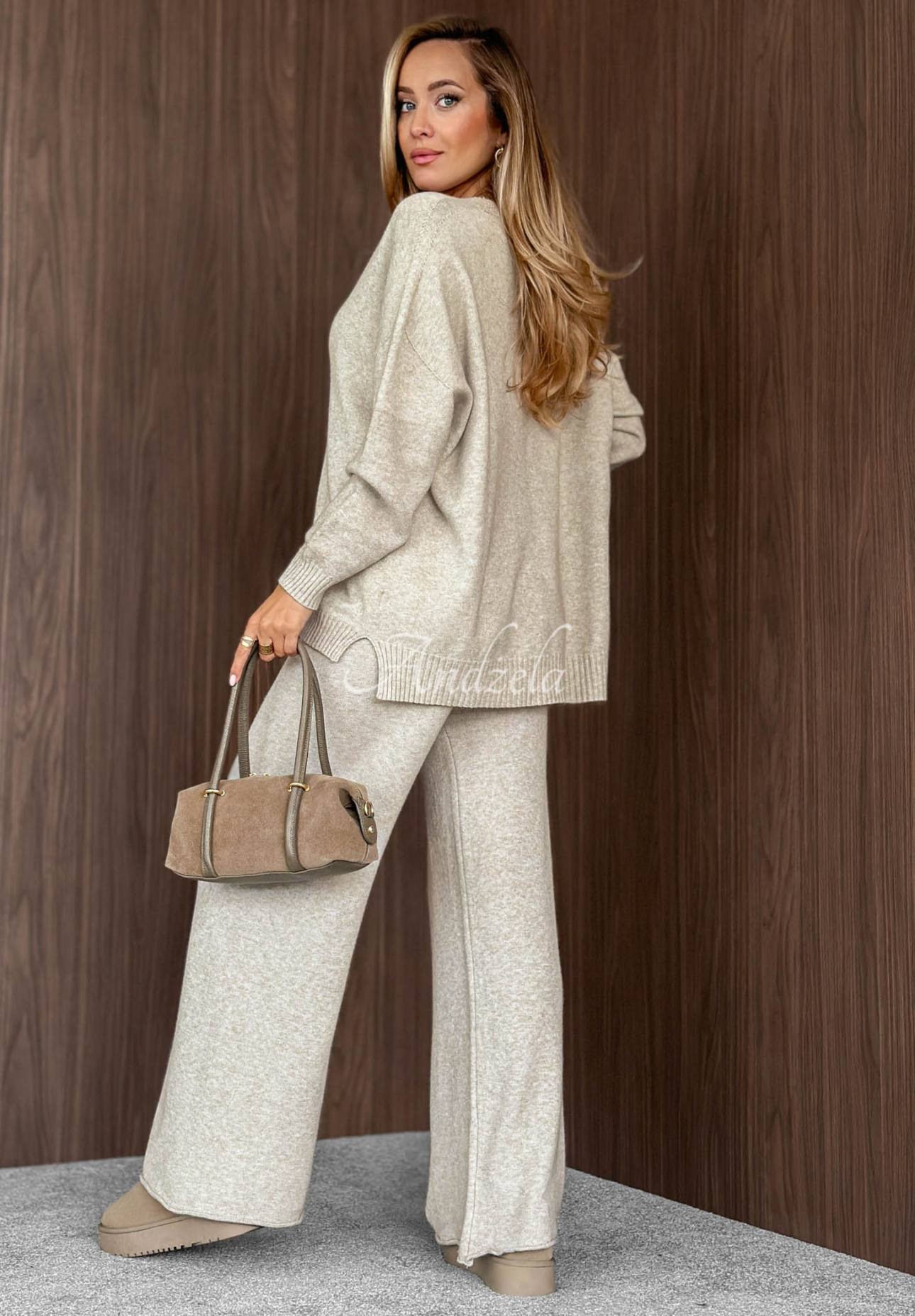 Faded Skies Beige Viscose Knit Sweater and Pants Set
