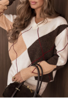Krótki sweter z dekoltem w romby Classy Autumn ecru