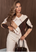Krótki sweter z dekoltem w romby Classy Autumn ecru