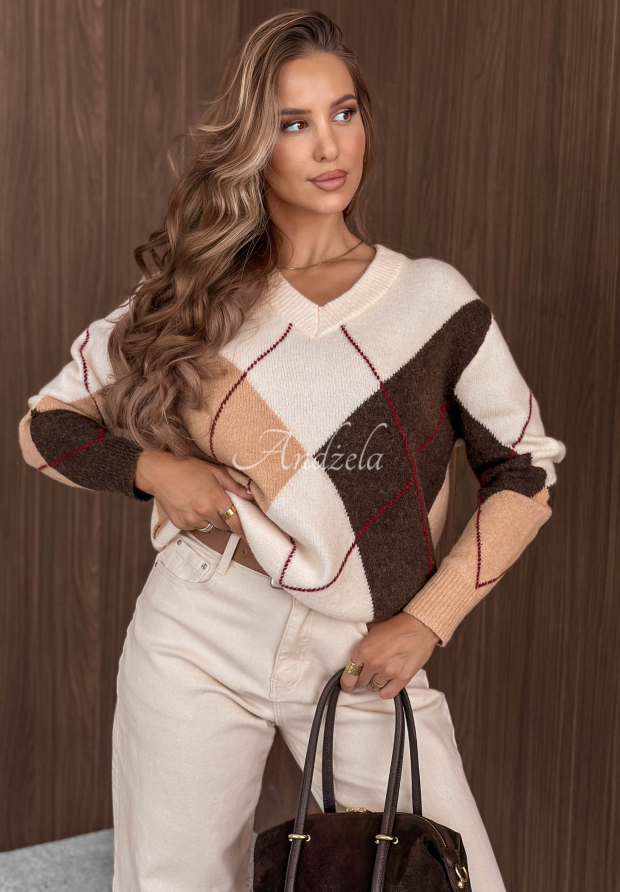 Kr&oacute;tki sweter z dekoltem w romby Classy Autumn ecru