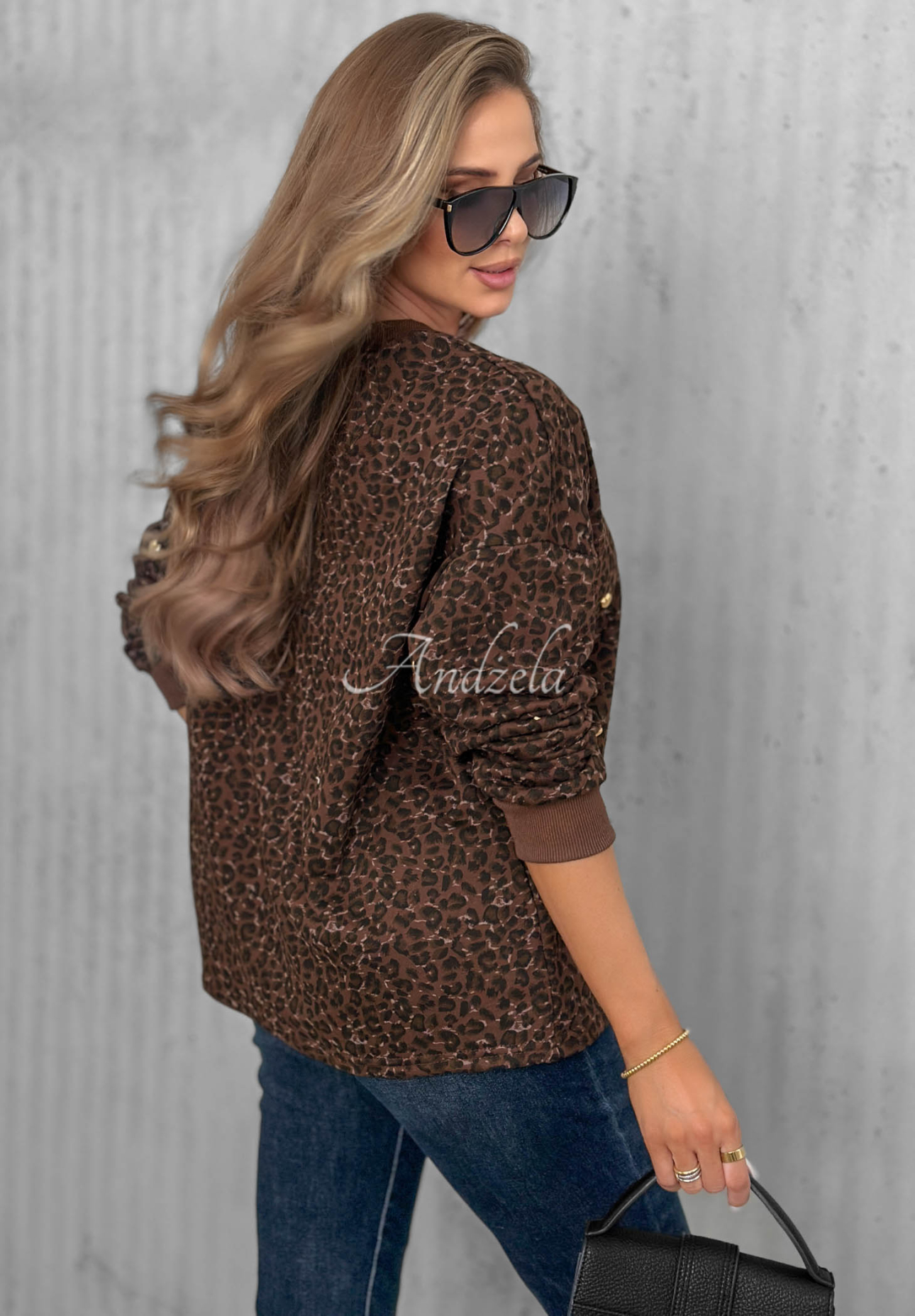 Romantic Autumn Chocolate-Colored Cotton Sweatshirt with Leopard Print and Hearts