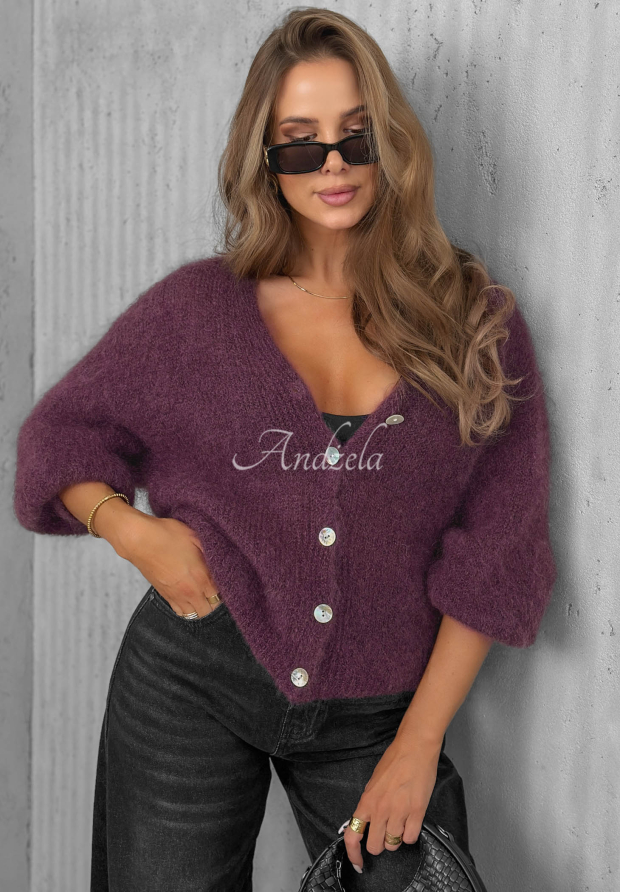 Sugar Cloud Short Mohair Cardigan with Button Closure, Berry Blue