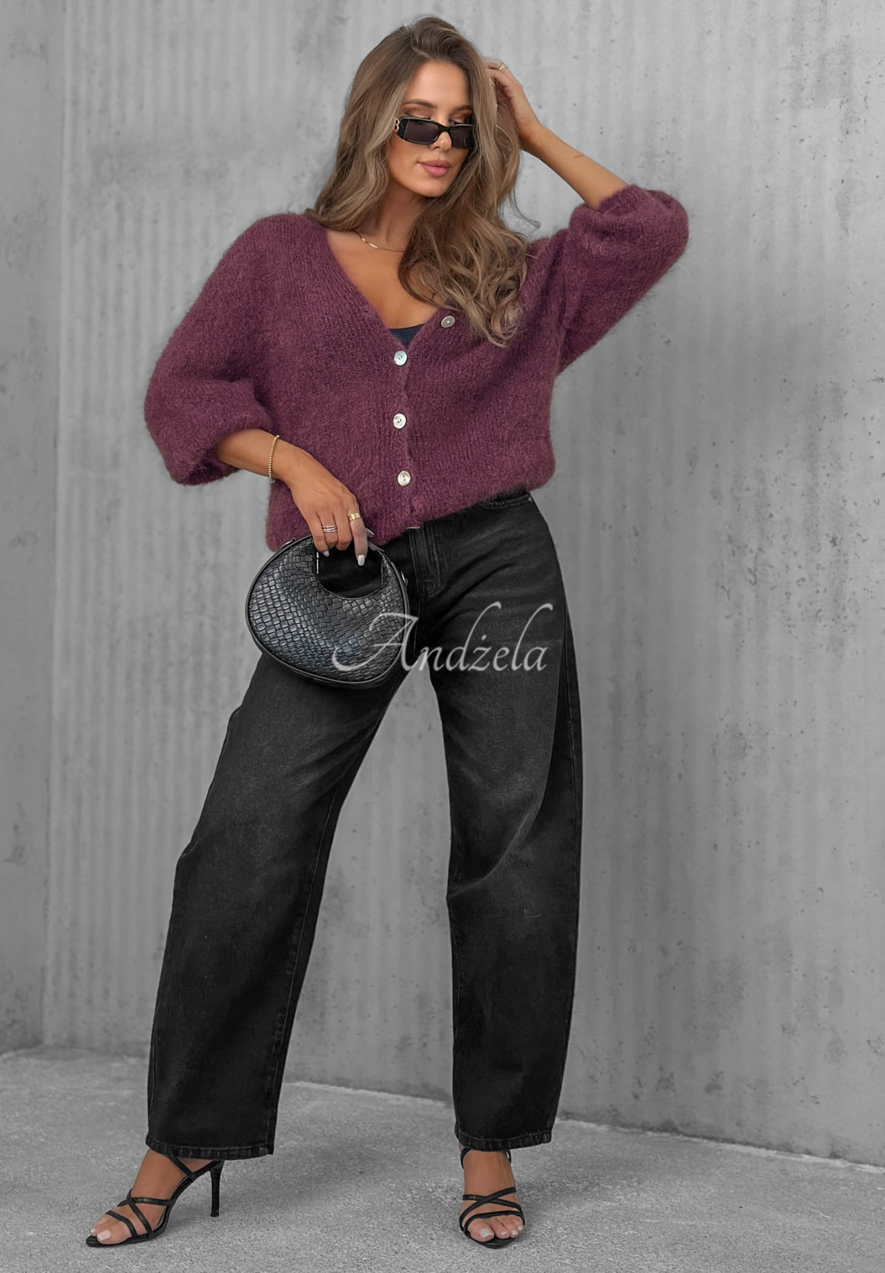 Sugar Cloud Short Mohair Cardigan with Button Closure, Berry Blue