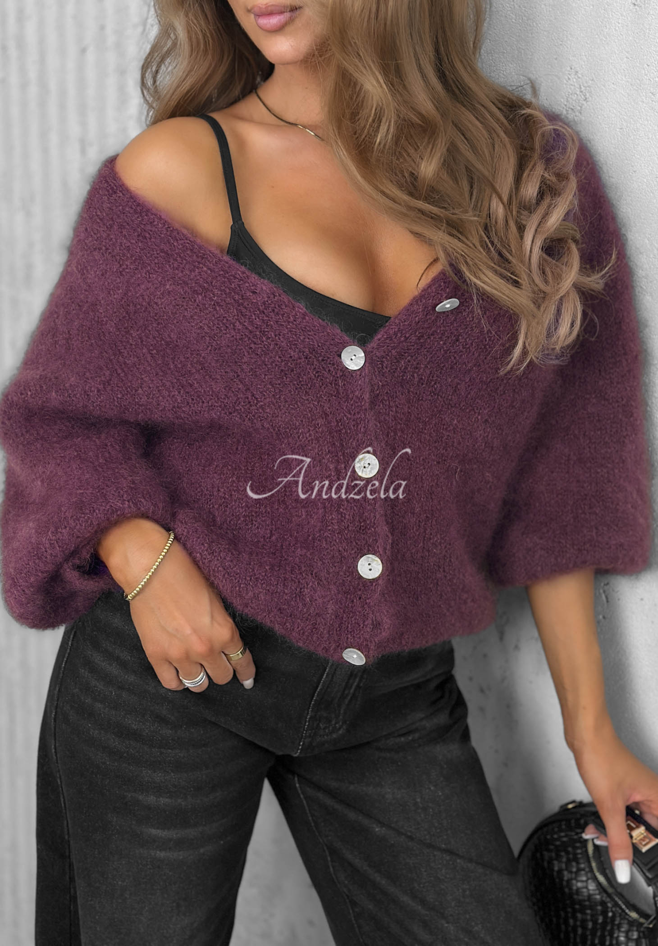 Sugar Cloud Short Mohair Cardigan with Button Closure, Berry Blue