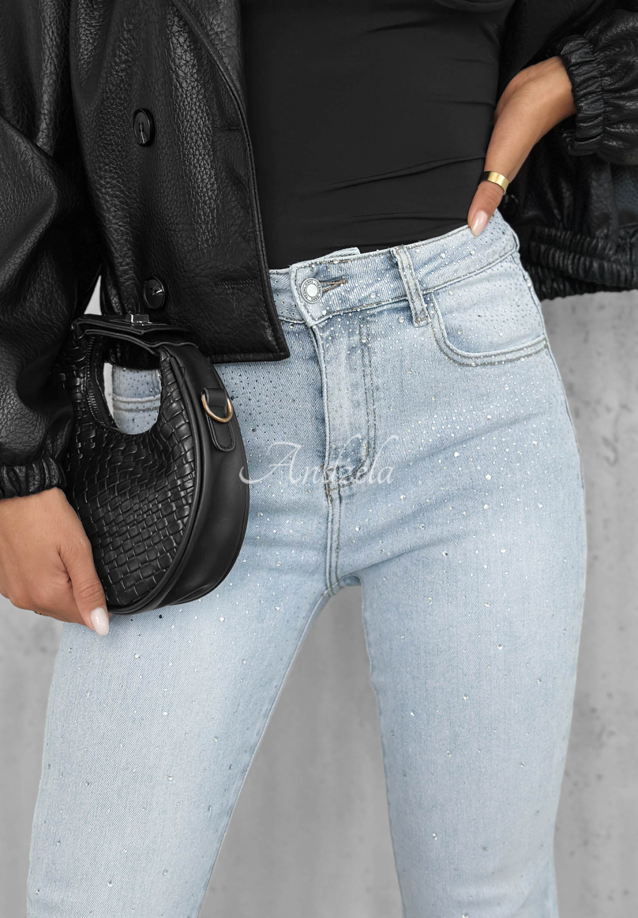 Spodnie jeansowe dzwony z kryształkami Stardust Jeans jasnoniebieskie