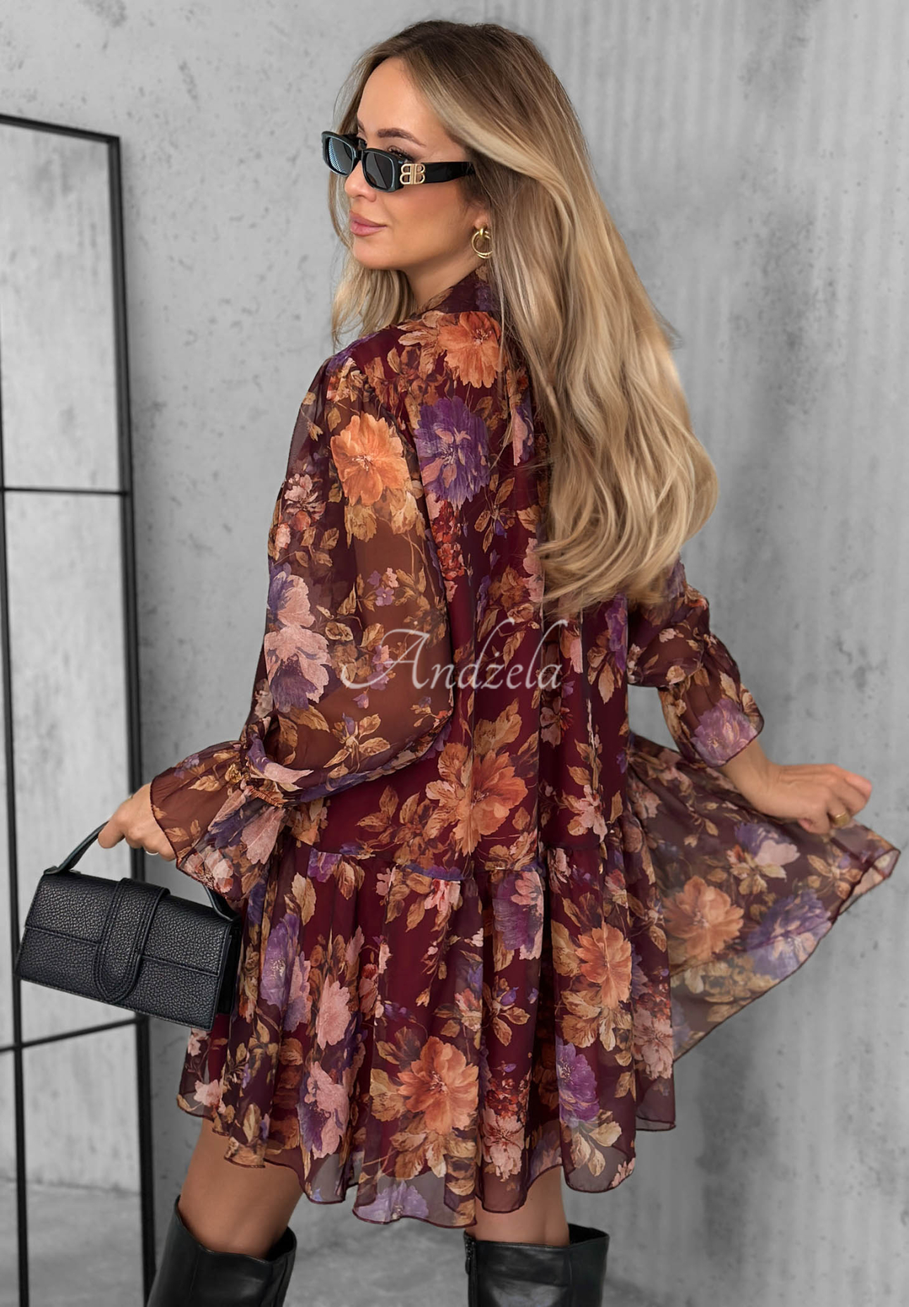 Floral dress with a tie and ruffles in Rusty Rose burgundy