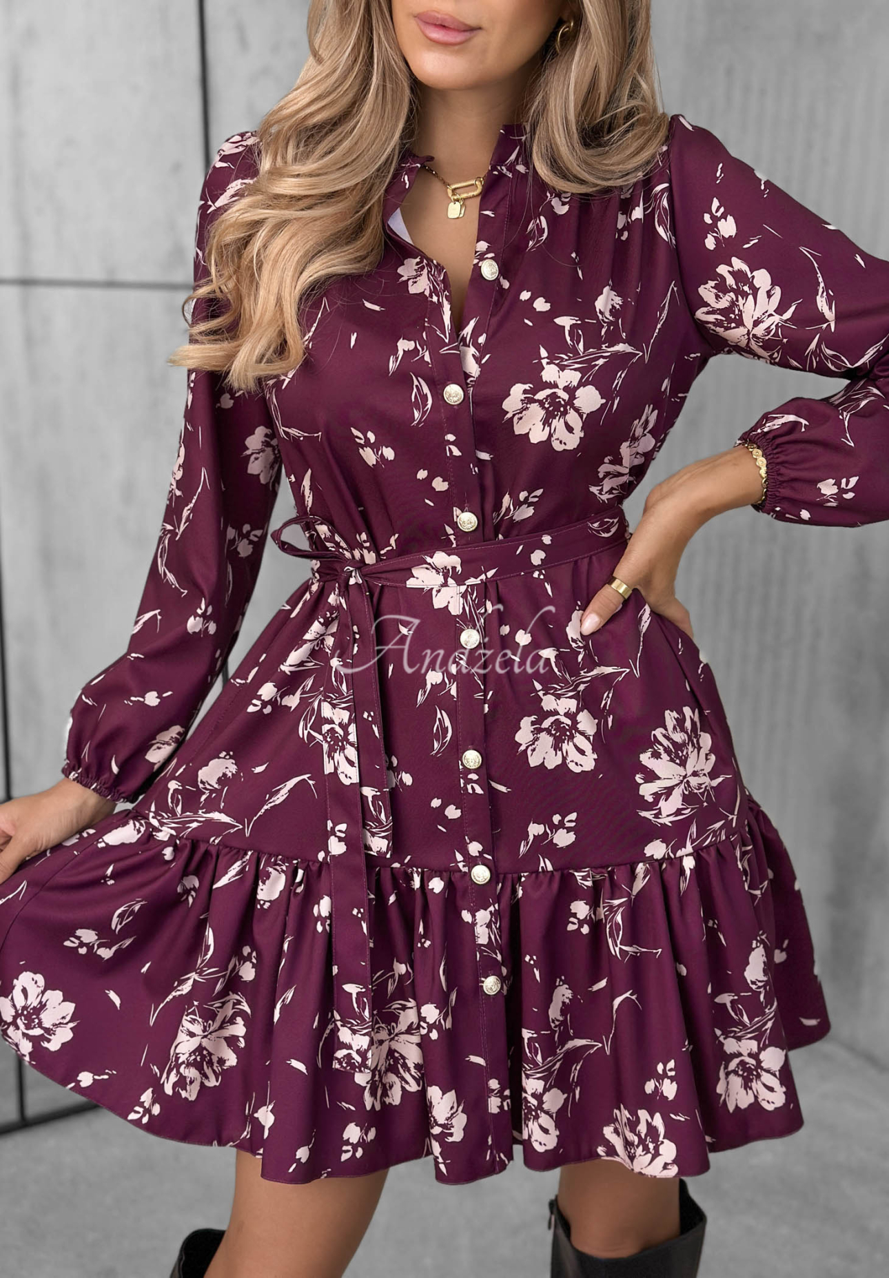 Call My Name Berry-Colored Viscose Shirt Dress with Floral Ruffles
