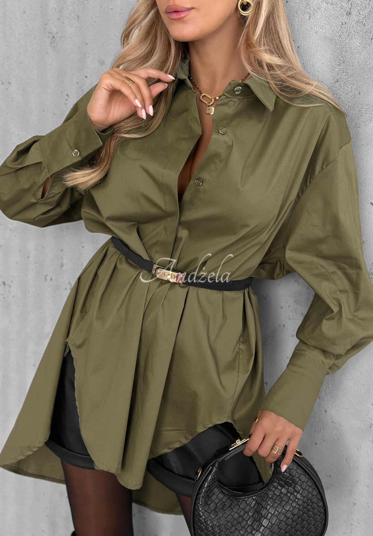 Asymetryczna bawełniana koszula z kołnierzem Soft Darling khaki