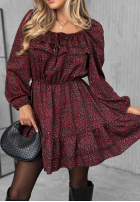 Sukienka mini z falbankami w panterkę Soft Autumn burgundowa