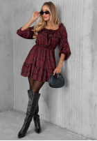 Sukienka mini z falbankami w panterkę Soft Autumn burgundowa