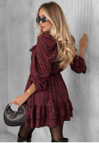 Sukienka mini z falbankami w panterkę Soft Autumn burgundowa