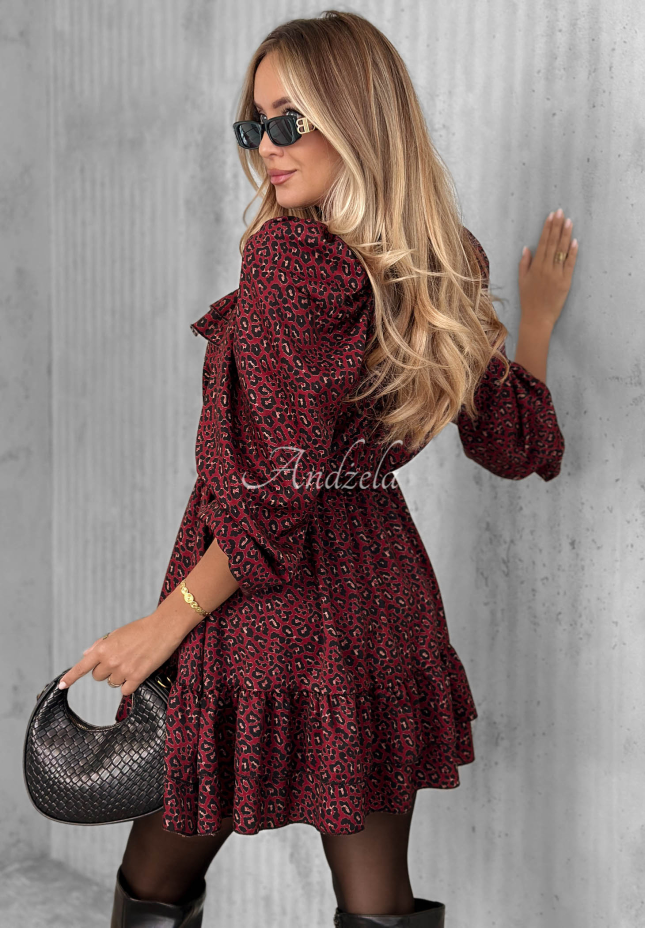 Soft Autumn Berry-Colored Leopard-Print Viscose Dress with Ruffles