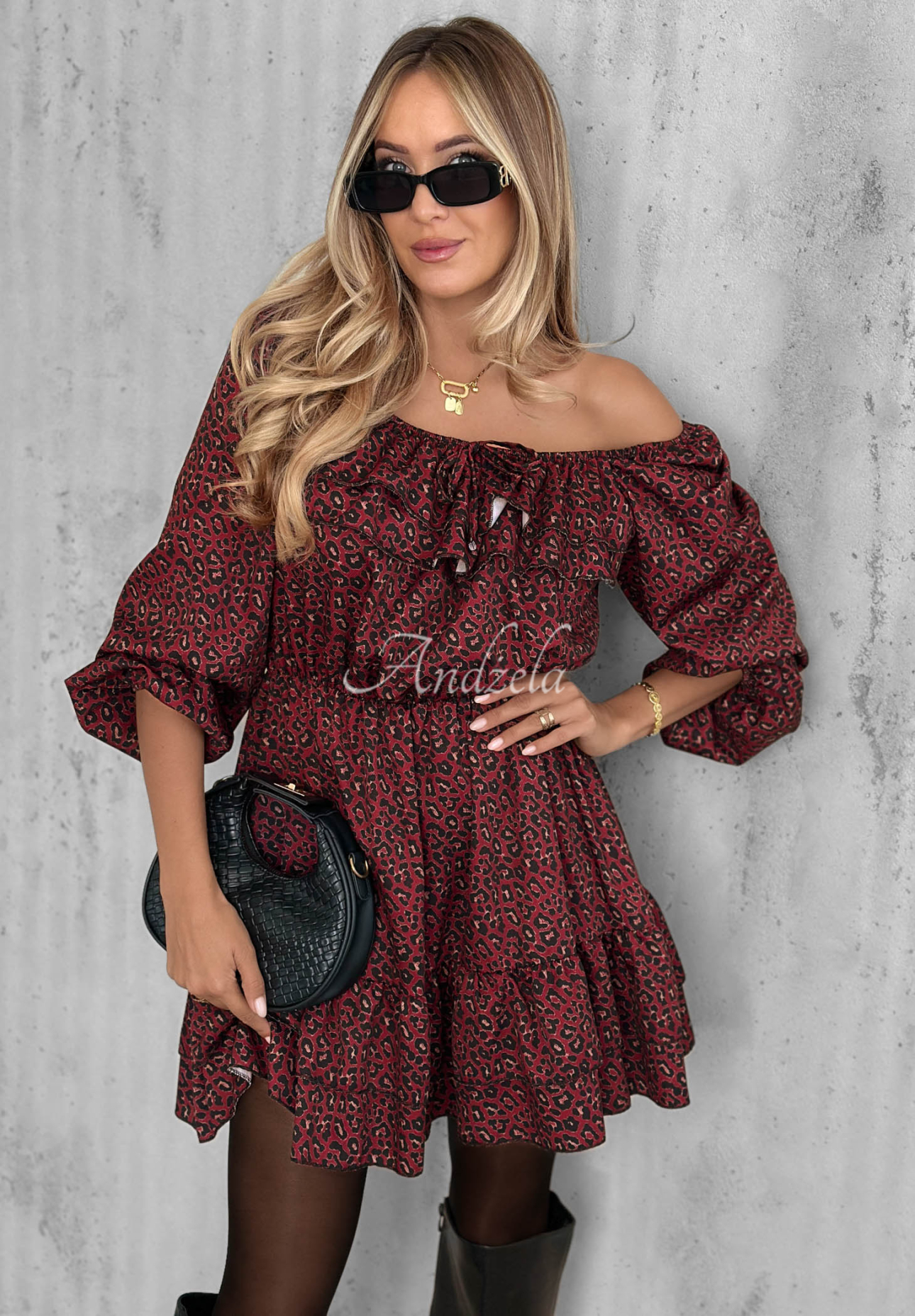 Soft Autumn Berry-Colored Leopard-Print Viscose Dress with Ruffles
