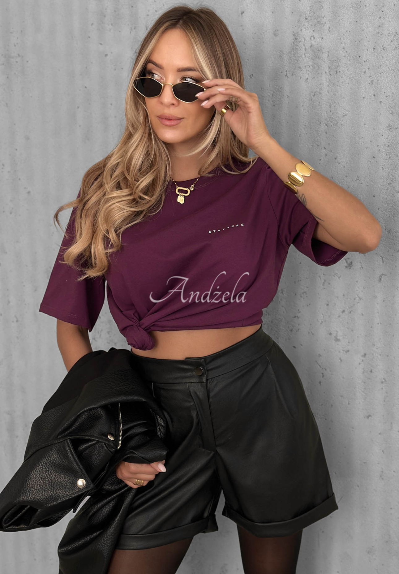 Bawełniany T-shirt z napisem Everyday Love jagodowy