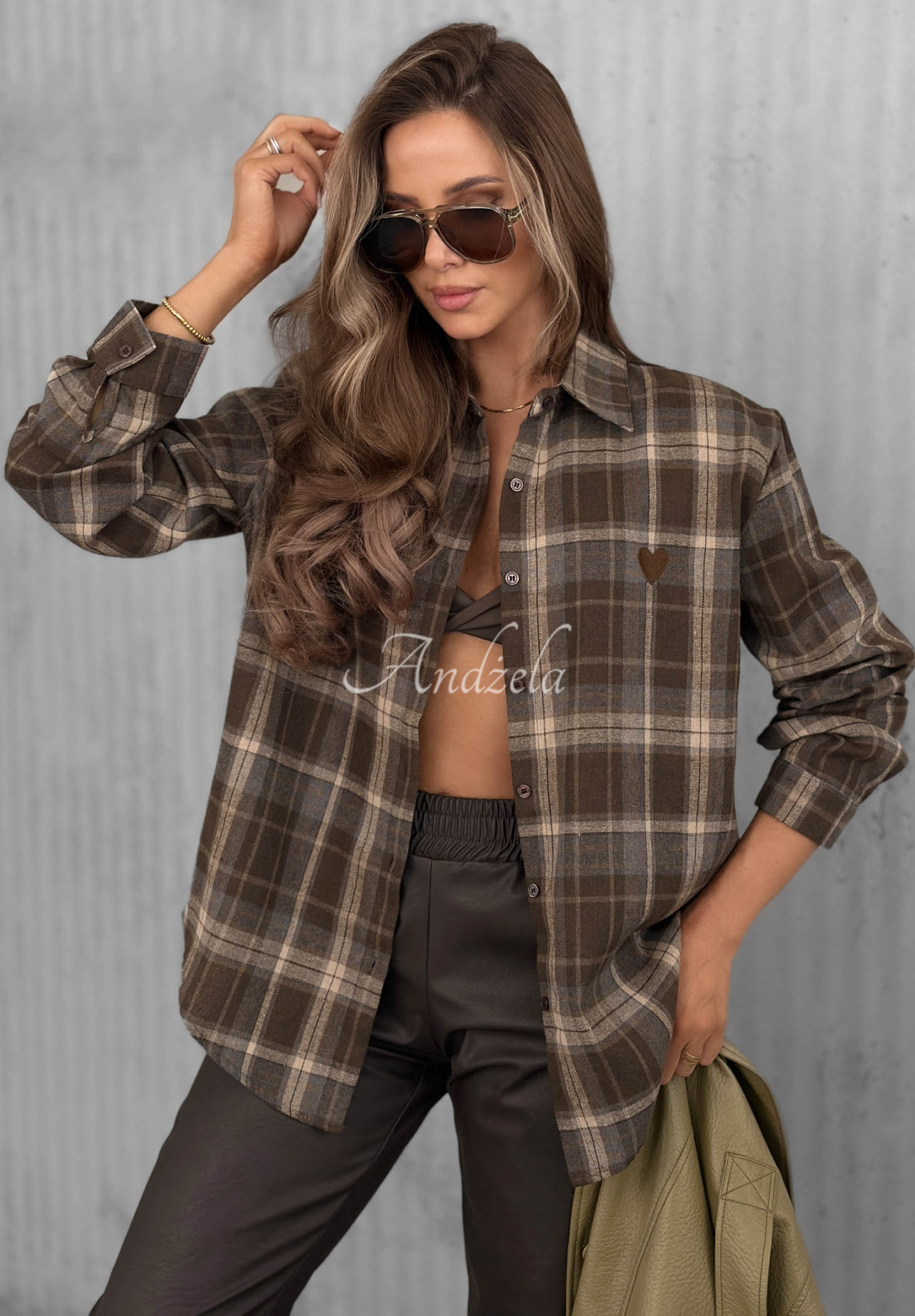 Cinnamon Dream Chocolate-Colored Checkered Cotton Shirt with a Heart