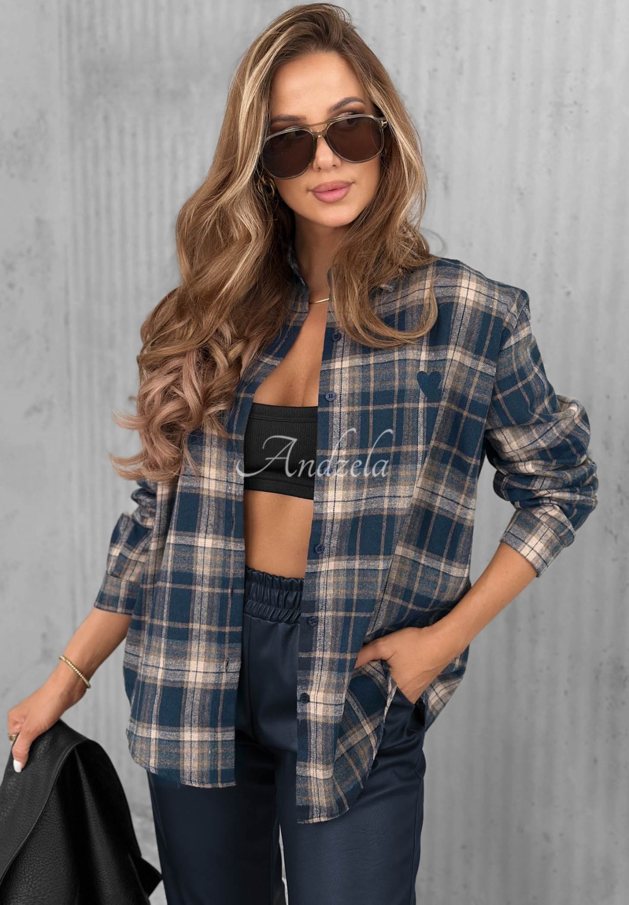 Cinnamon Dream Navy Blue Cotton Checkered Shirt with a Heart