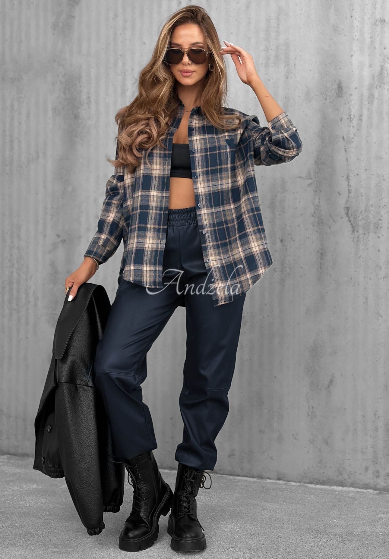 Cinnamon Dream Navy Blue Cotton Checkered Shirt with a Heart