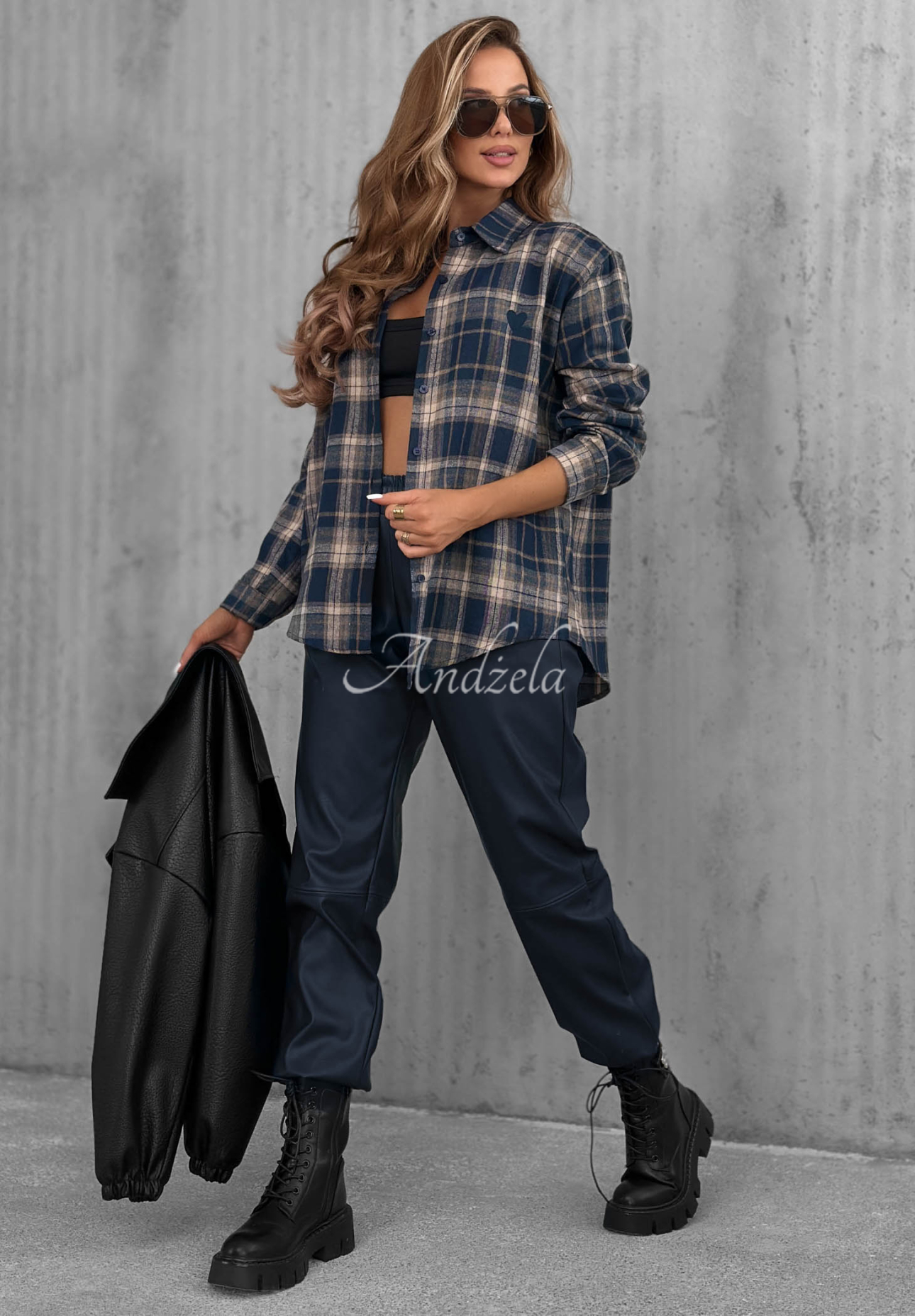 Cinnamon Dream Navy Blue Cotton Checkered Shirt with a Heart