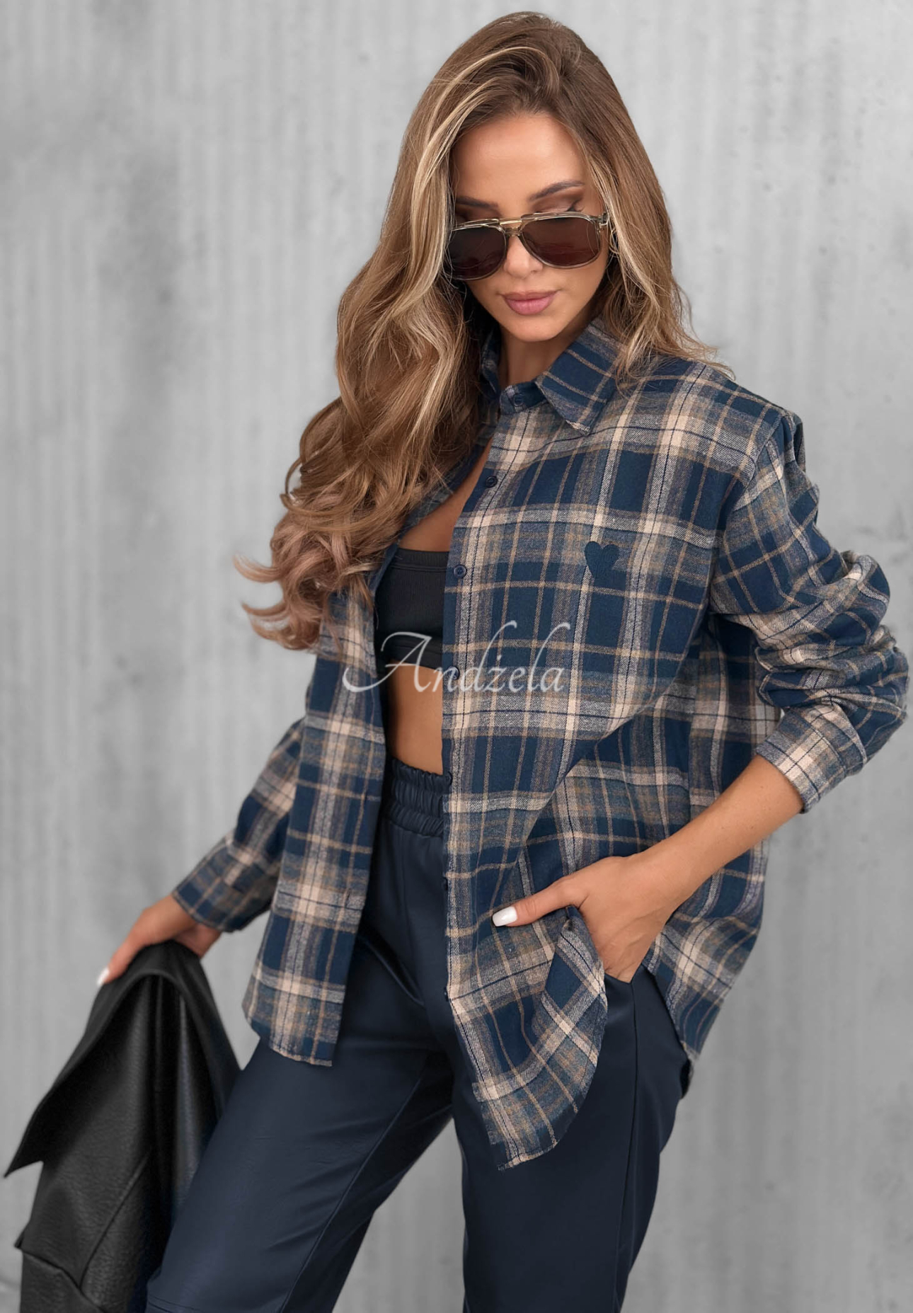 Cinnamon Dream Navy Blue Cotton Checkered Shirt with a Heart