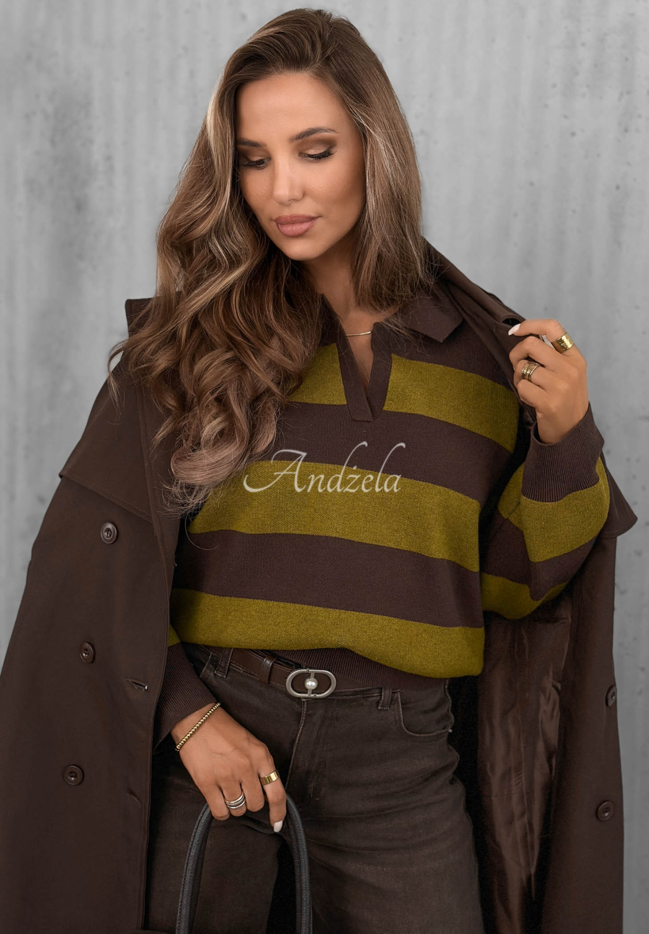Warm Stories Chocolate-Green Striped Collar Viscose Sweater