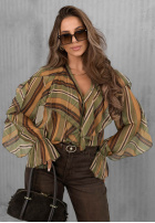 Koszula z falbankami w paski Soft Allure oliwkowo-camelowa