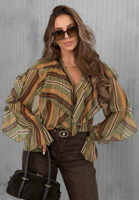 Soft Allure Striped Shirt with Ruffles in Olive and Camel