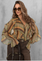 Koszula z falbankami w paski Soft Allure oliwkowo-camelowa