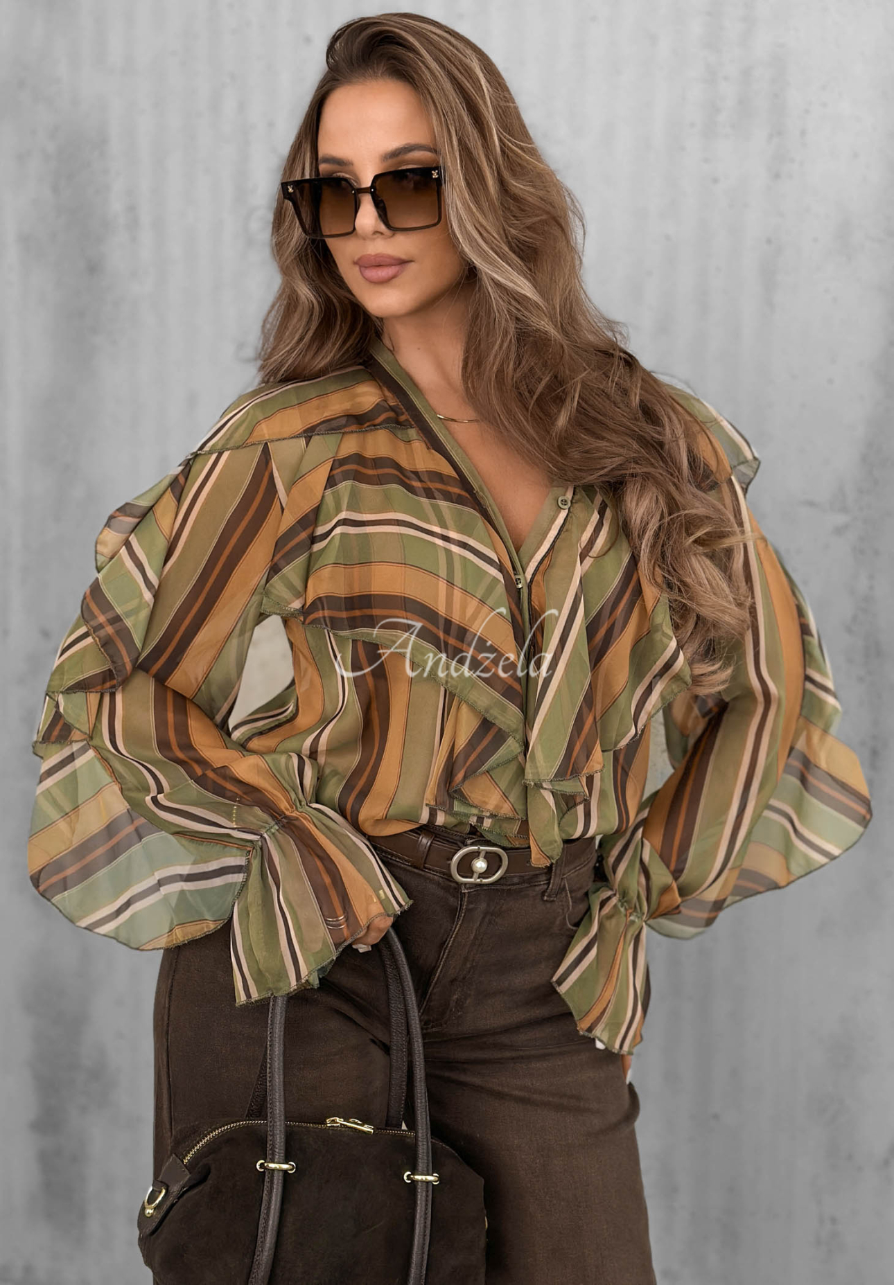 Soft Allure Striped Shirt with Ruffles in Olive and Camel