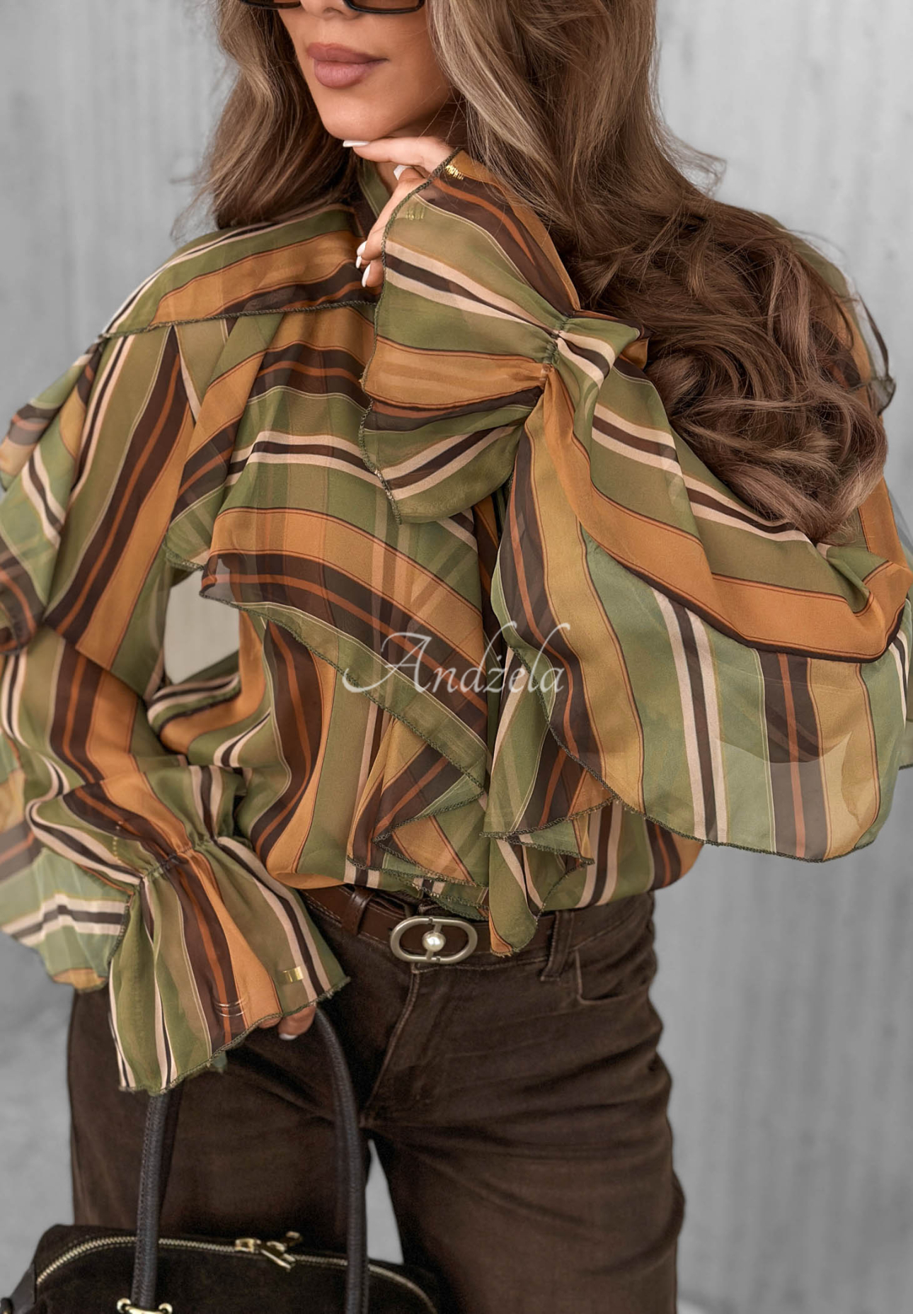 Soft Allure Striped Shirt with Ruffles in Olive and Camel