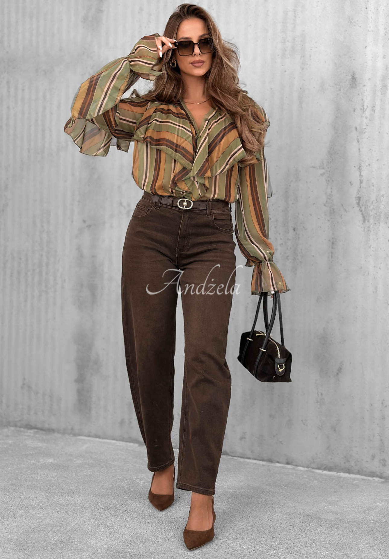 Soft Allure Striped Shirt with Ruffles in Olive and Camel
