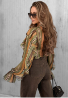Koszula z falbankami w paski Soft Allure oliwkowo-camelowa