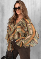 Koszula z falbankami w paski Soft Allure oliwkowo-camelowa