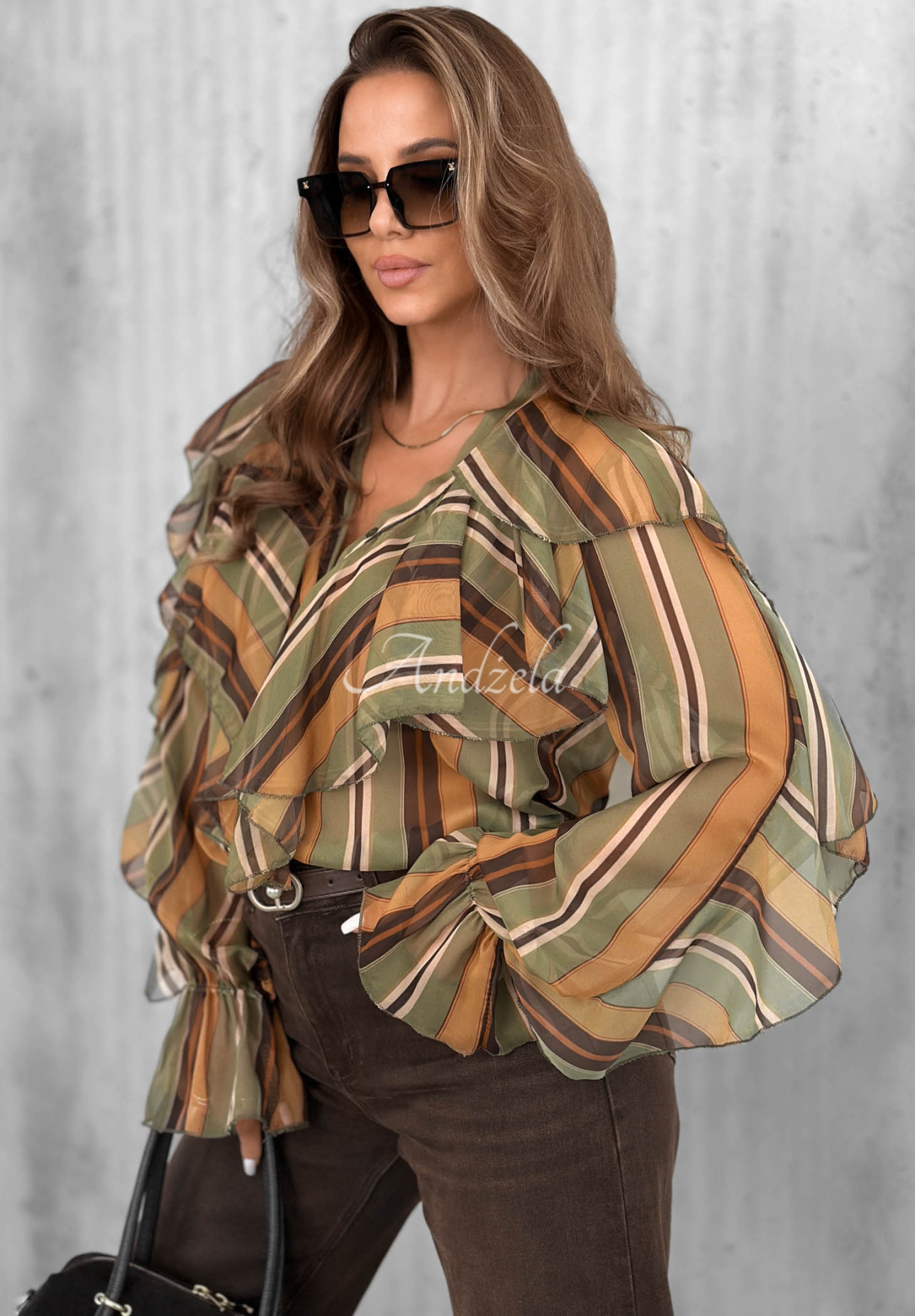 Soft Allure Striped Shirt with Ruffles in Olive and Camel