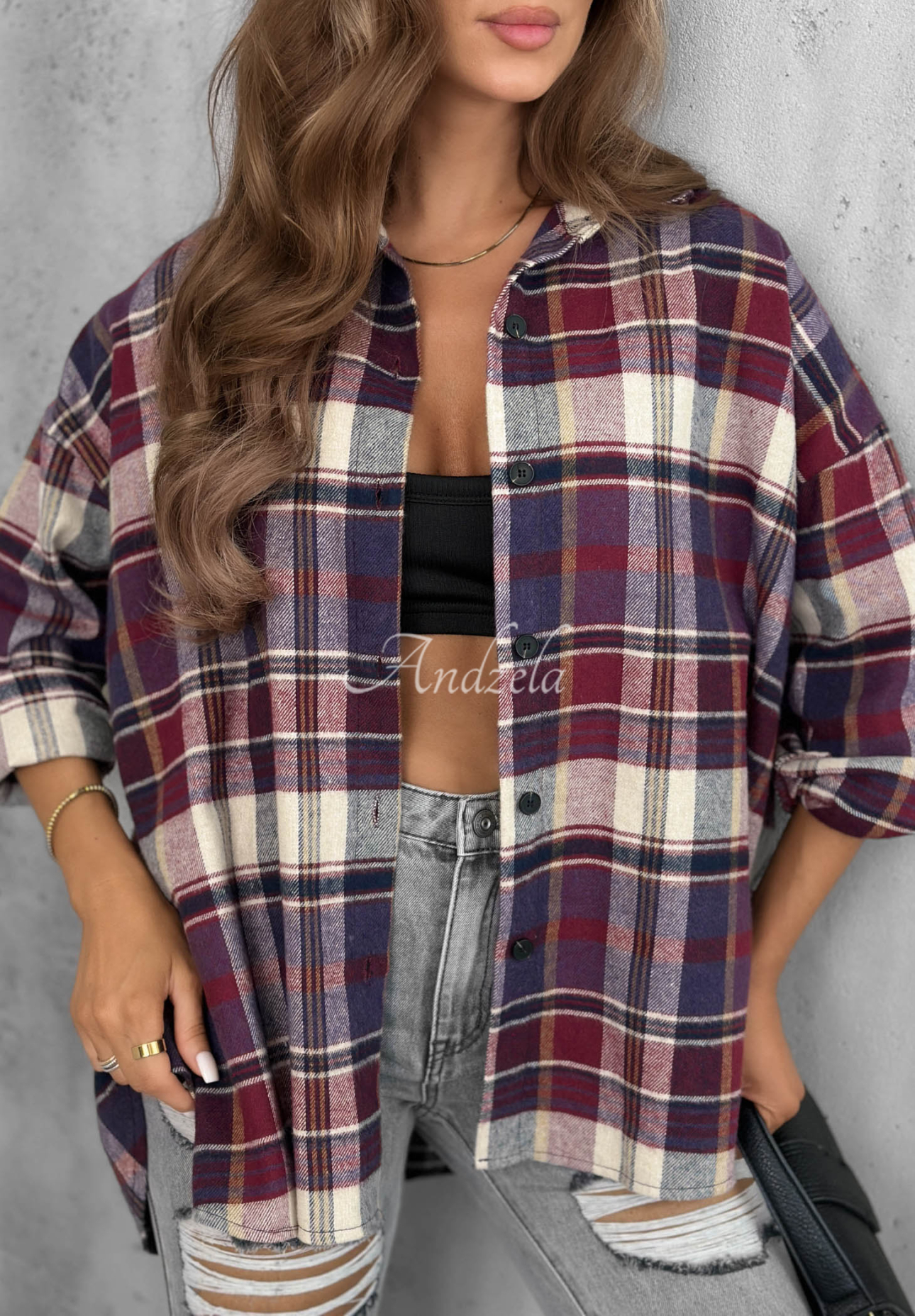 Clouds &amp; Coffee Asymmetrical Checkered Cotton Shirt in Berry