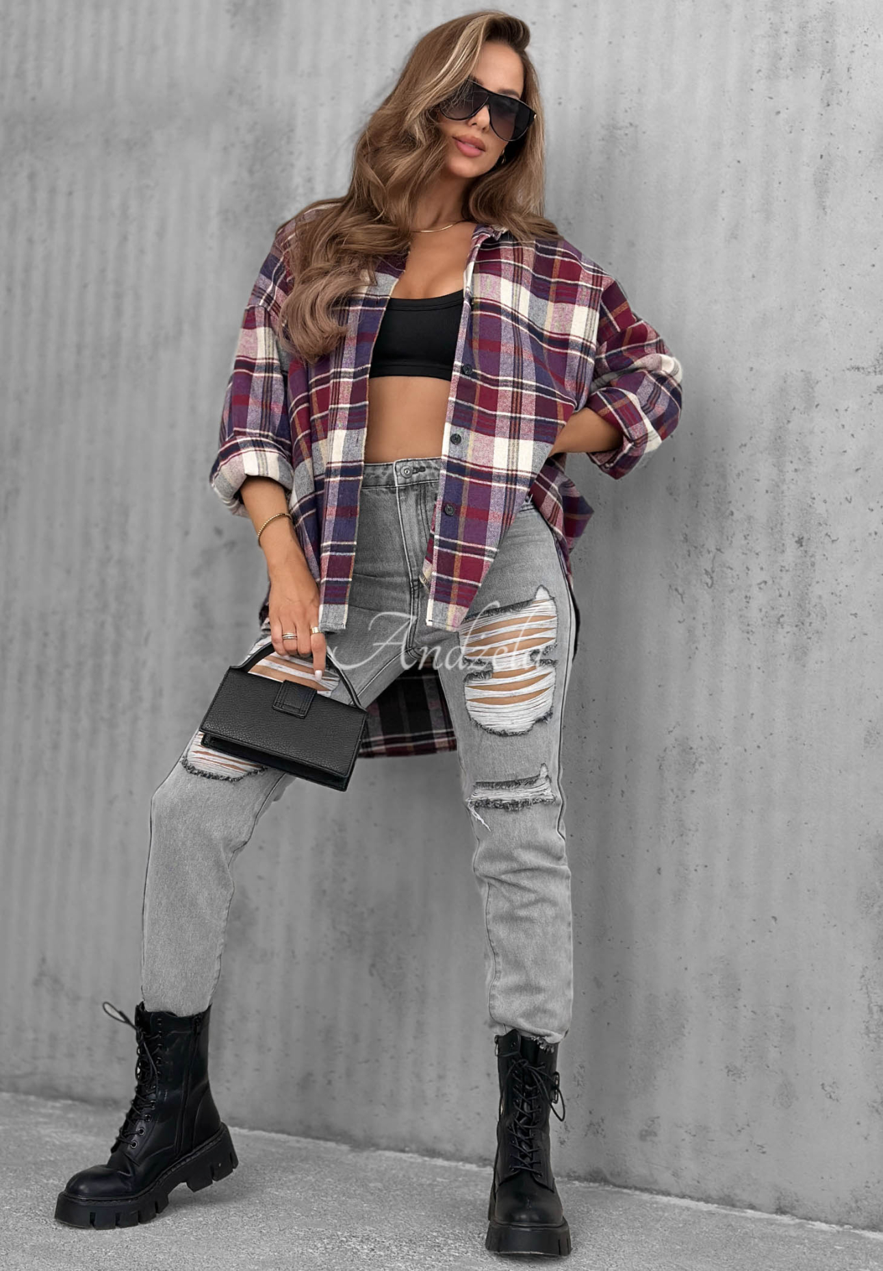 Clouds &amp; Coffee Asymmetrical Checkered Cotton Shirt in Berry