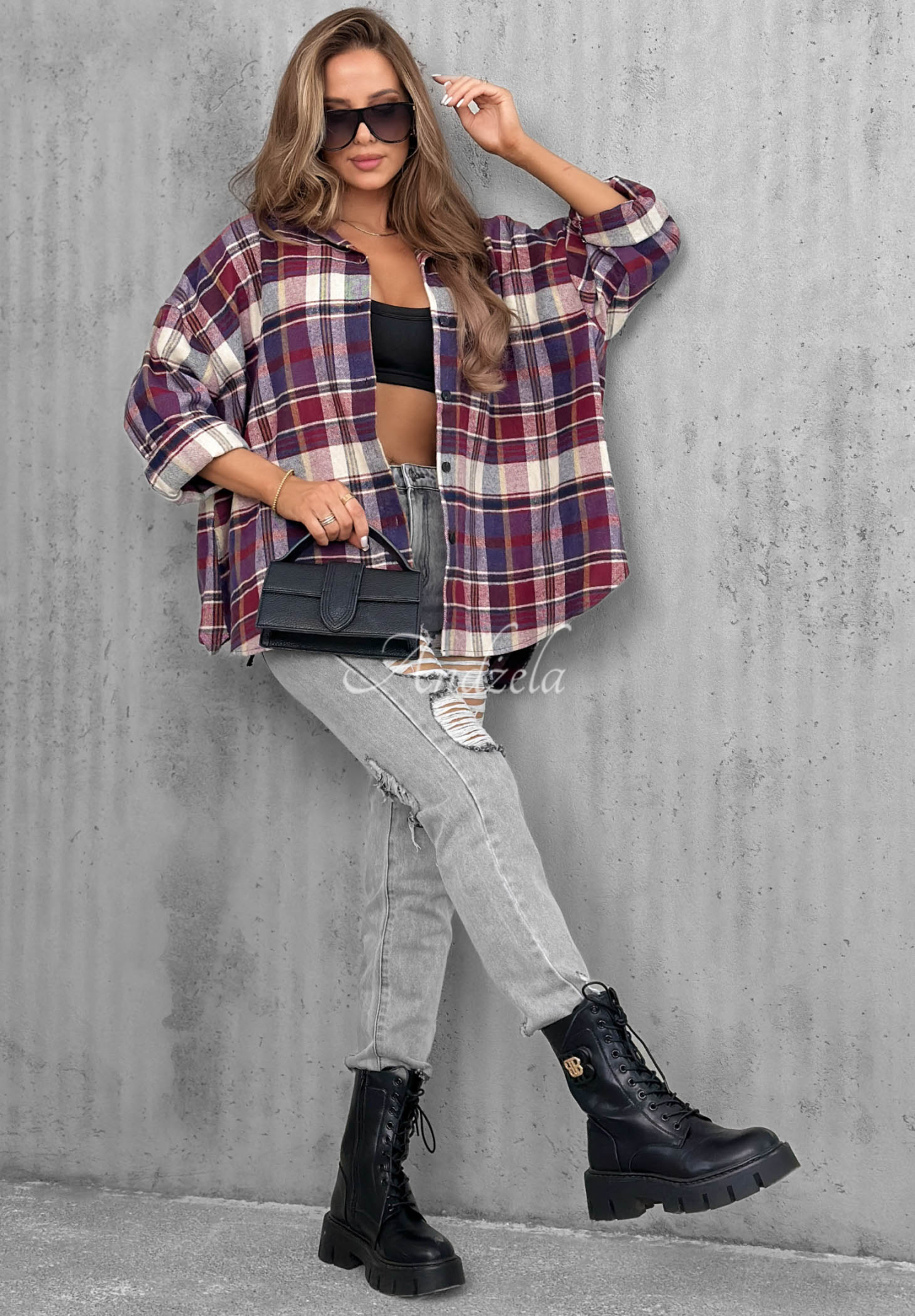 Clouds &amp; Coffee Asymmetrical Checkered Cotton Shirt in Berry