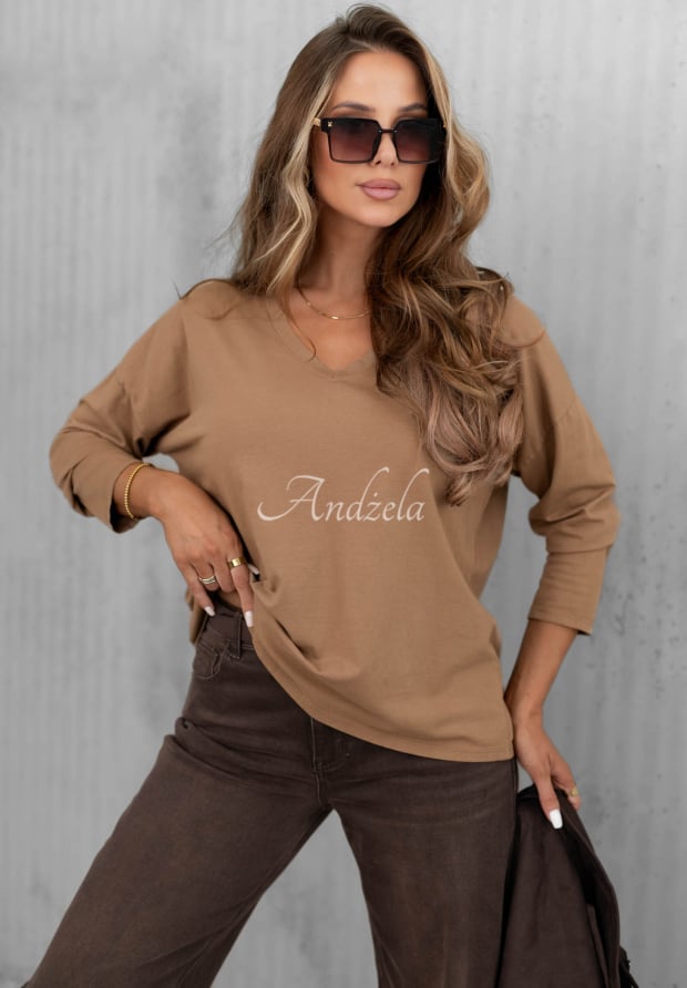 Bawełniana bluzka longsleeve z dekoltem w serek Daily Style camelowa