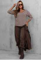 Bluzka longsleeve z dekoltem w paski Lovely Autumn beżowo-czekoladowa